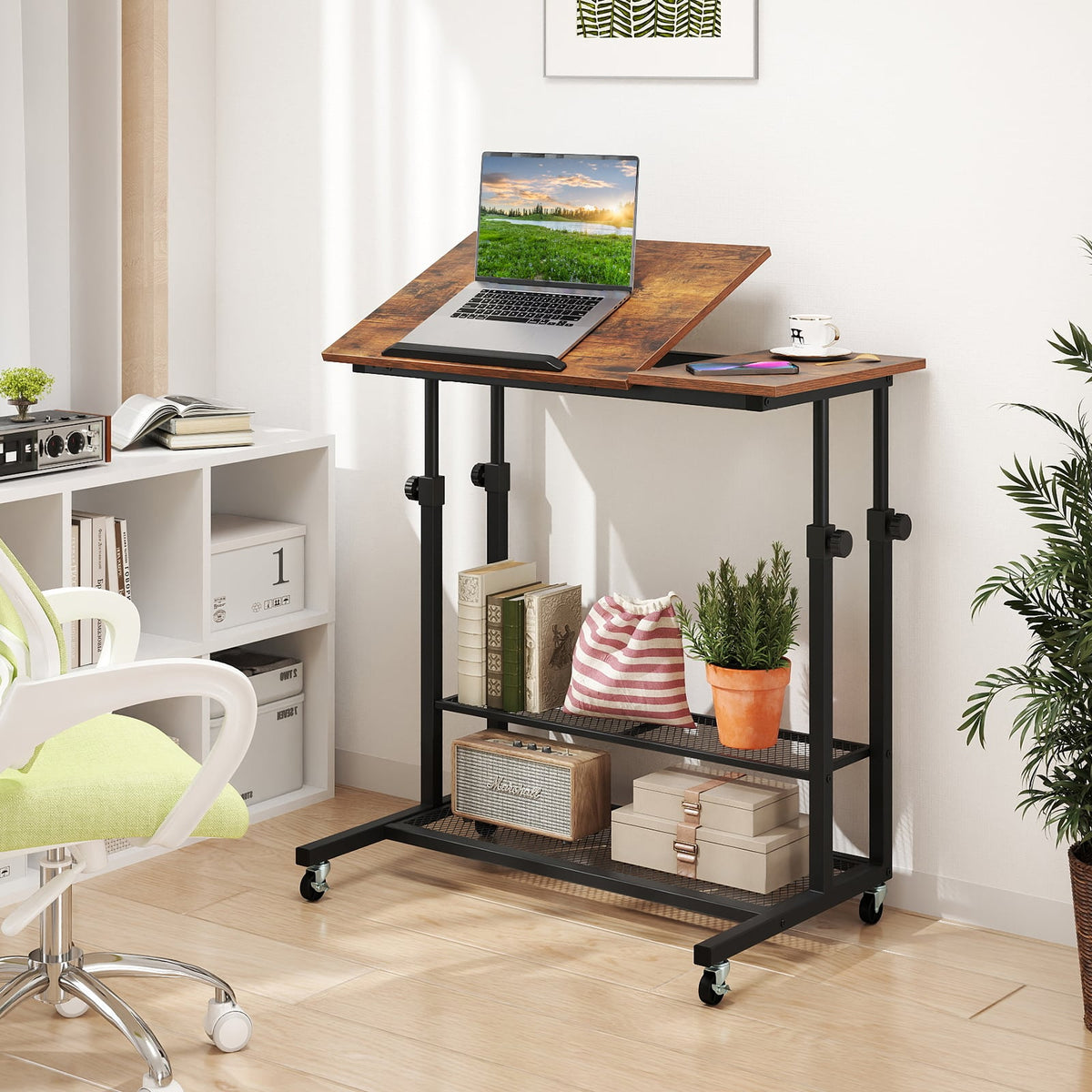 Mobile Stand up Desk Height Adjustable Standing Table with Tilting Tabletop-Rustic Brown-Standing Desks-DECOROLALA