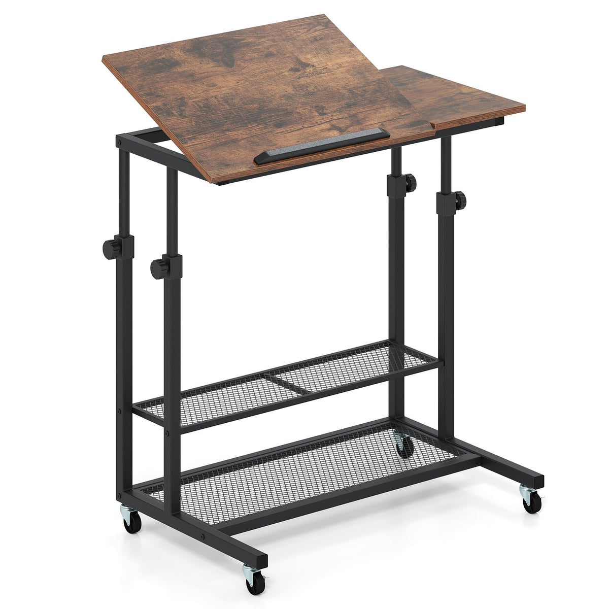 Mobile Stand up Desk Height Adjustable Standing Table with Tilting Tabletop-Rustic Brown-Standing Desks-DECOROLALA