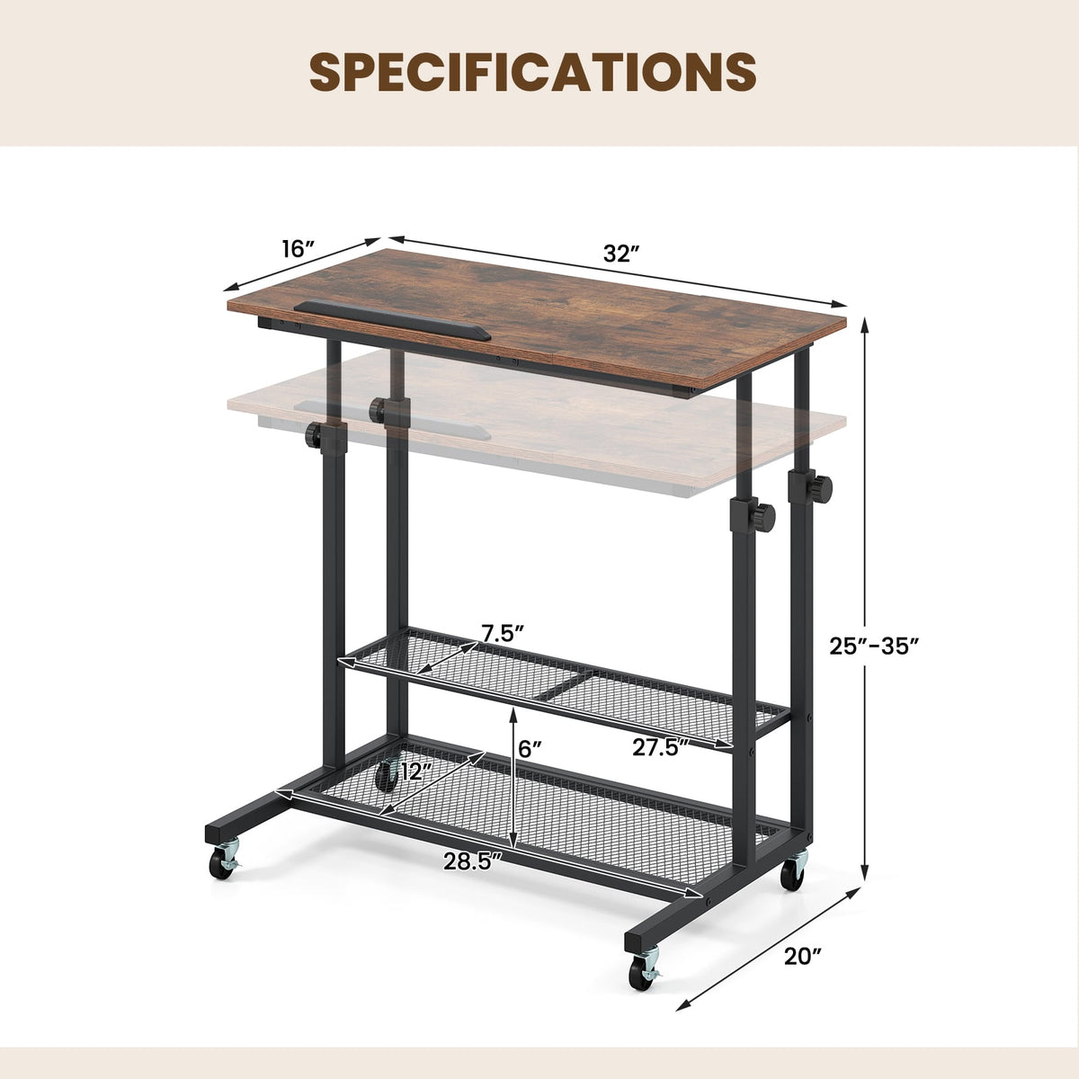 Mobile Stand up Desk Height Adjustable Standing Table with Tilting Tabletop-Rustic Brown-Standing Desks-DECOROLALA