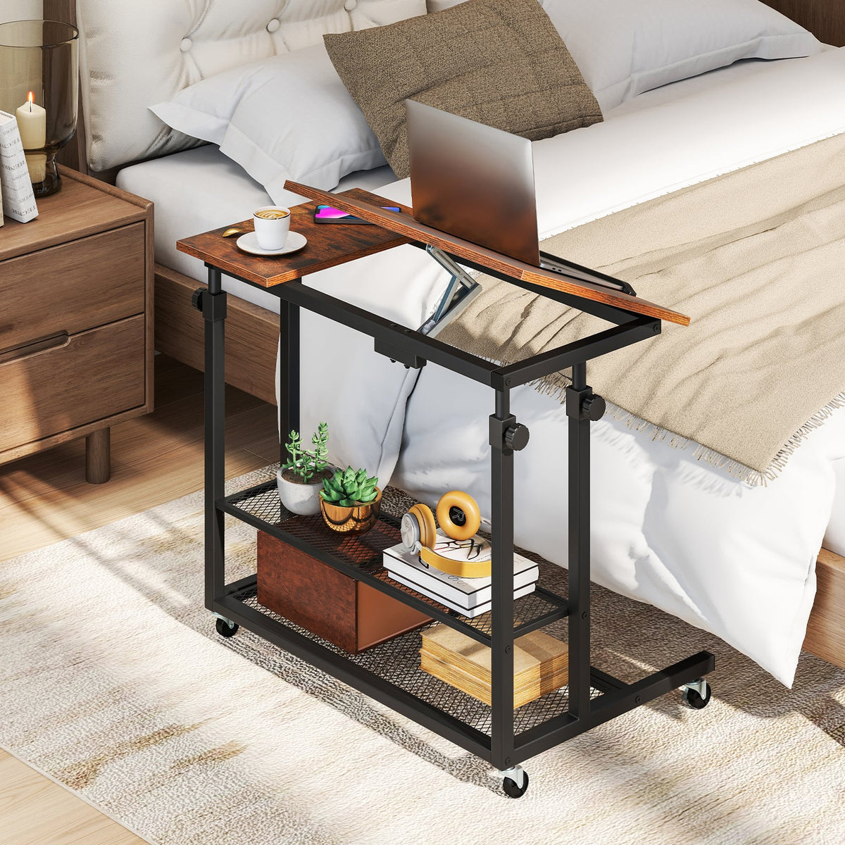 Mobile Stand up Desk Height Adjustable Standing Table with Tilting Tabletop-Rustic Brown-Standing Desks-DECOROLALA