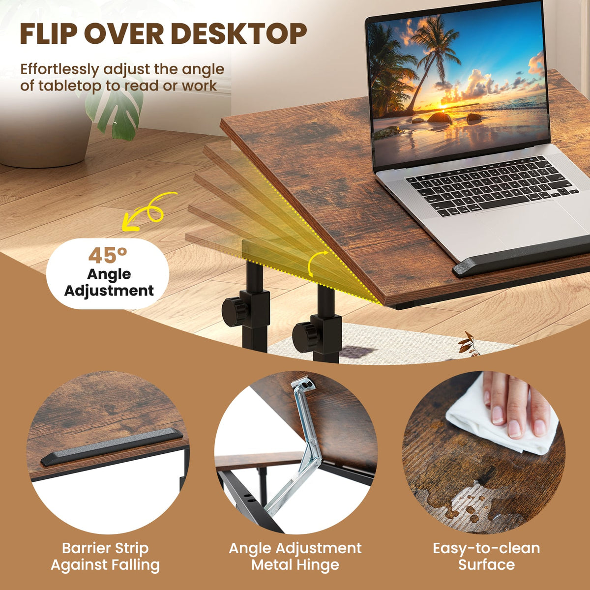 Mobile Stand up Desk Height Adjustable Standing Table with Tilting Tabletop-Rustic Brown-Standing Desks-DECOROLALA