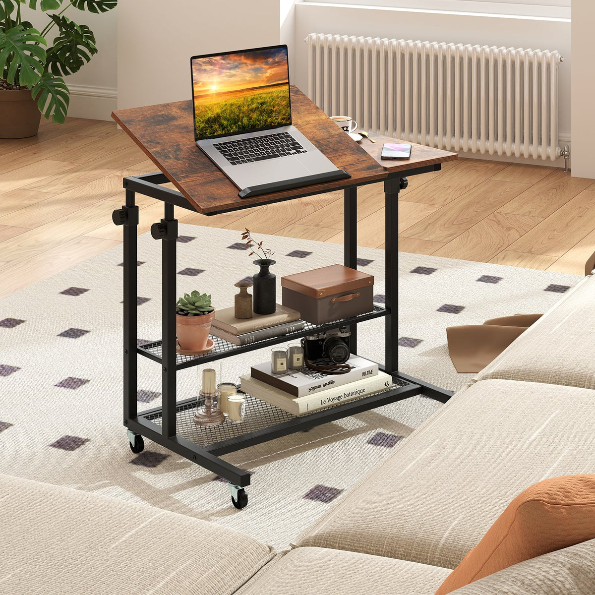 Mobile Stand up Desk Height Adjustable Standing Table with Tilting Tabletop-Rustic Brown-Standing Desks-DECOROLALA