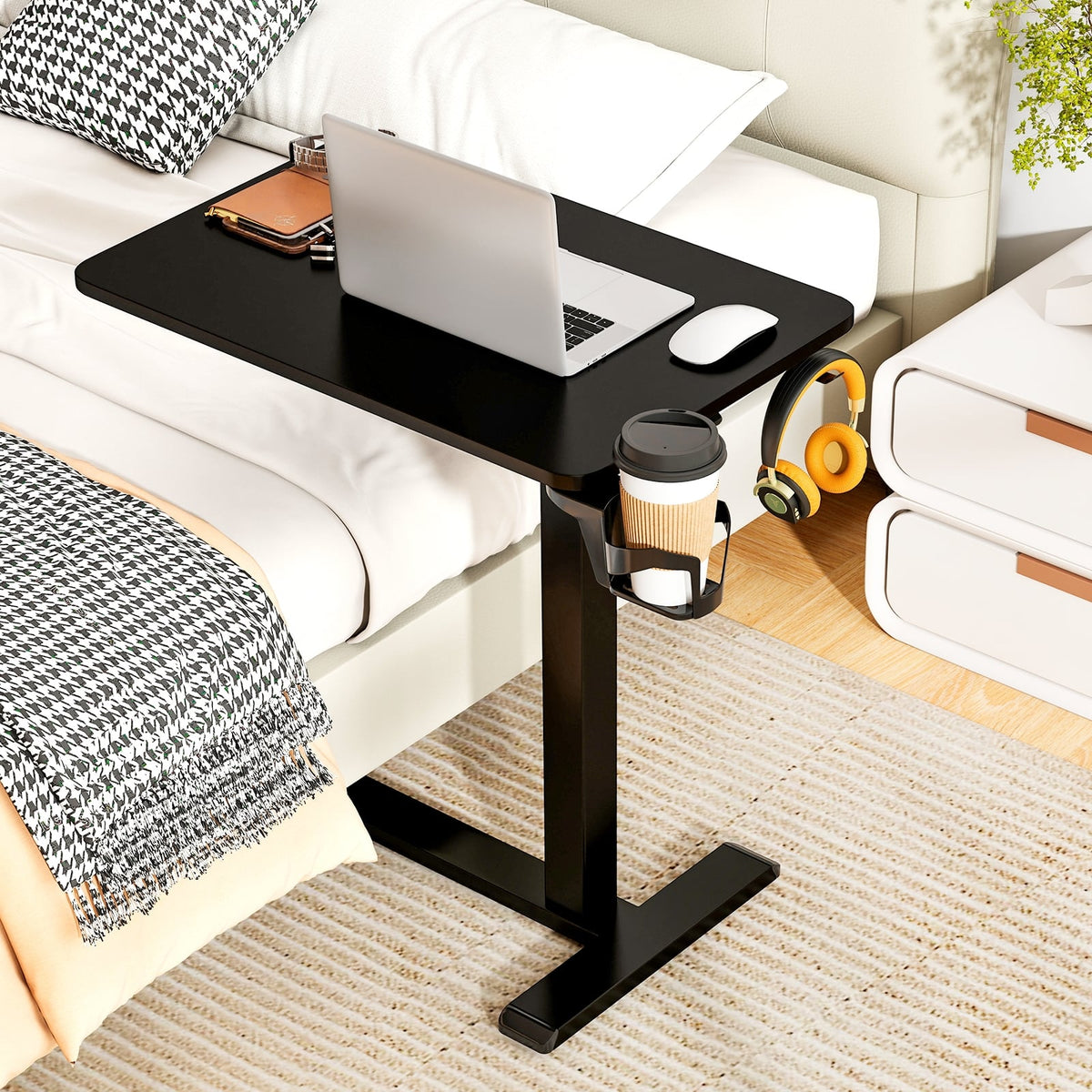 Mobile Standing Desk Height Adjustable Overbed Bedside Table with Cup Holder-Black-End & Side Tables-DECOROLALA