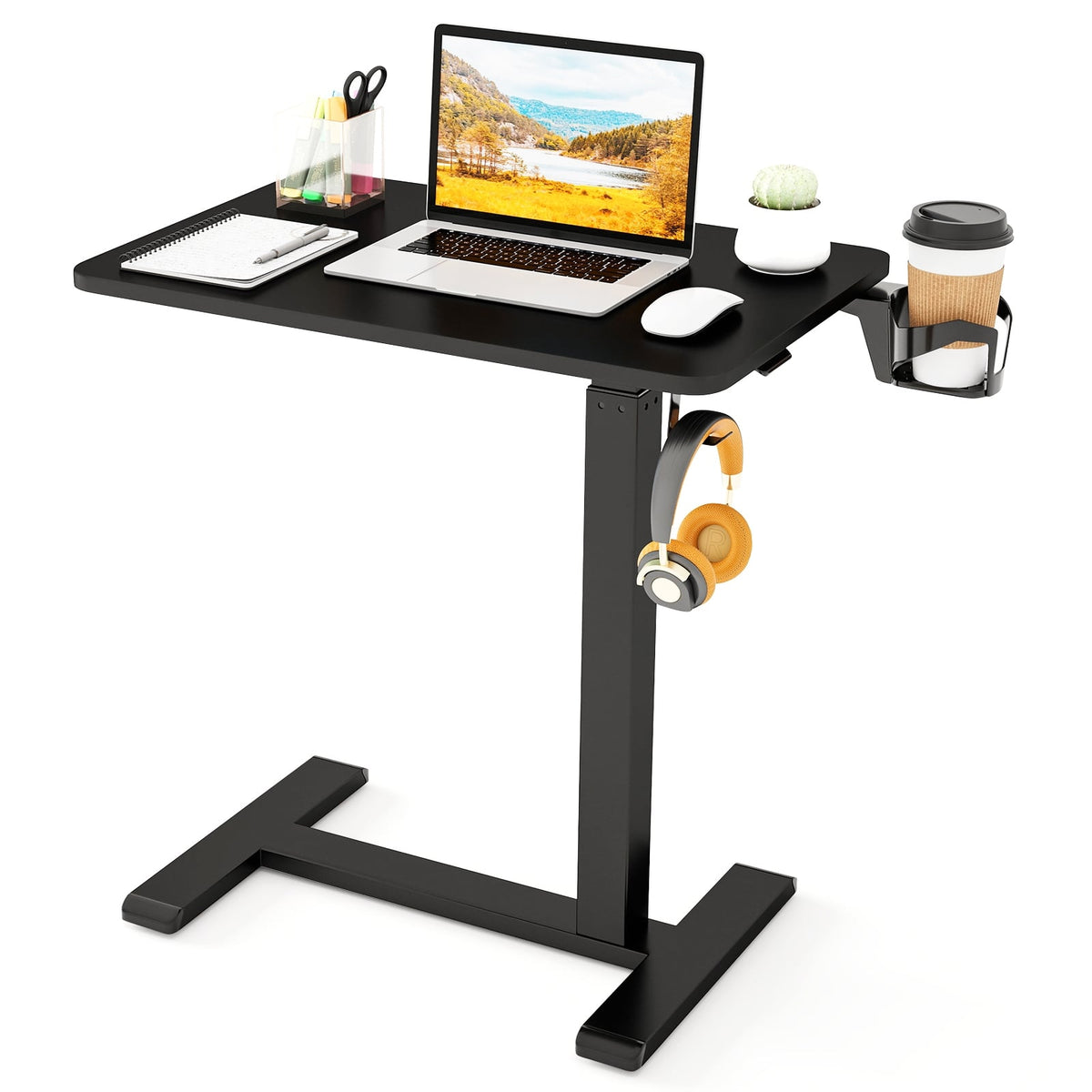Mobile Standing Desk Height Adjustable Overbed Bedside Table with Cup Holder-Black-End & Side Tables-DECOROLALA