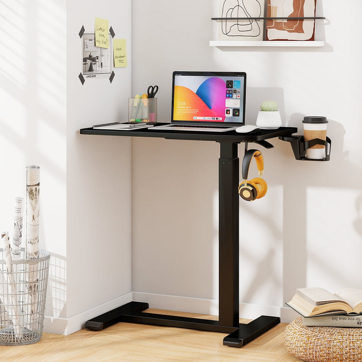 Mobile Standing Desk Height Adjustable Overbed Bedside Table with Cup Holder-Black-End & Side Tables-DECOROLALA