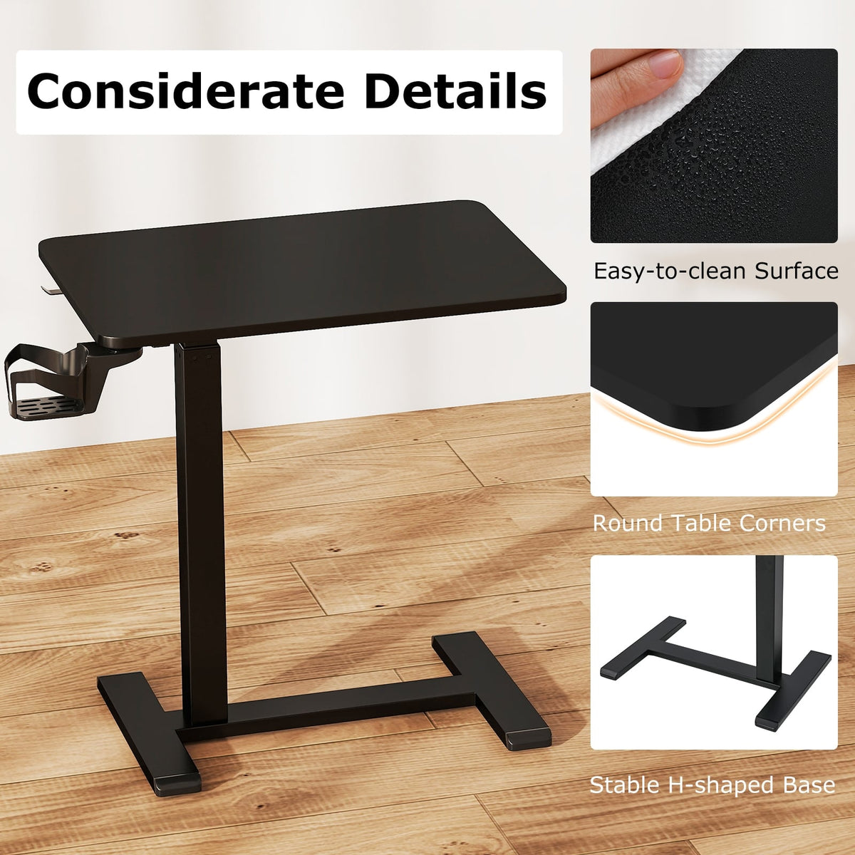 Mobile Standing Desk Height Adjustable Overbed Bedside Table with Cup Holder-Black-End & Side Tables-DECOROLALA