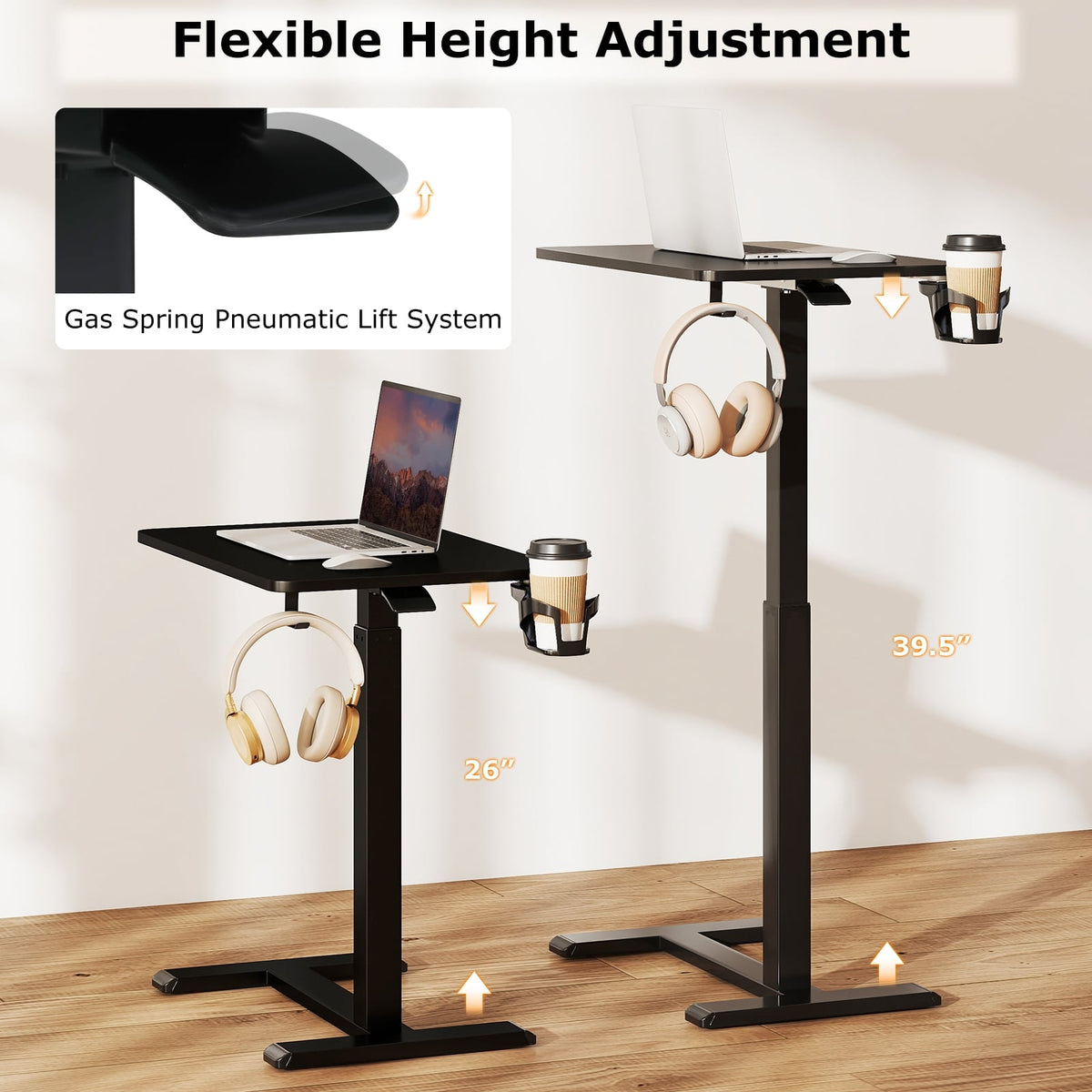 Mobile Standing Desk Height Adjustable Overbed Bedside Table with Cup Holder-Black-End & Side Tables-DECOROLALA