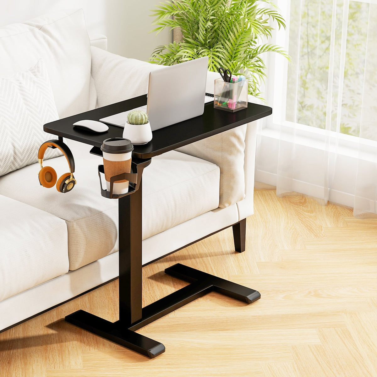 Mobile Standing Desk Height Adjustable Overbed Bedside Table with Cup Holder-Black-End & Side Tables-DECOROLALA