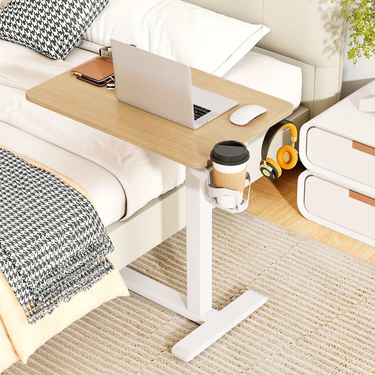 Mobile Standing Desk Height Adjustable Overbed Bedside Table with Cup Holder-Natural-End & Side Tables-DECOROLALA
