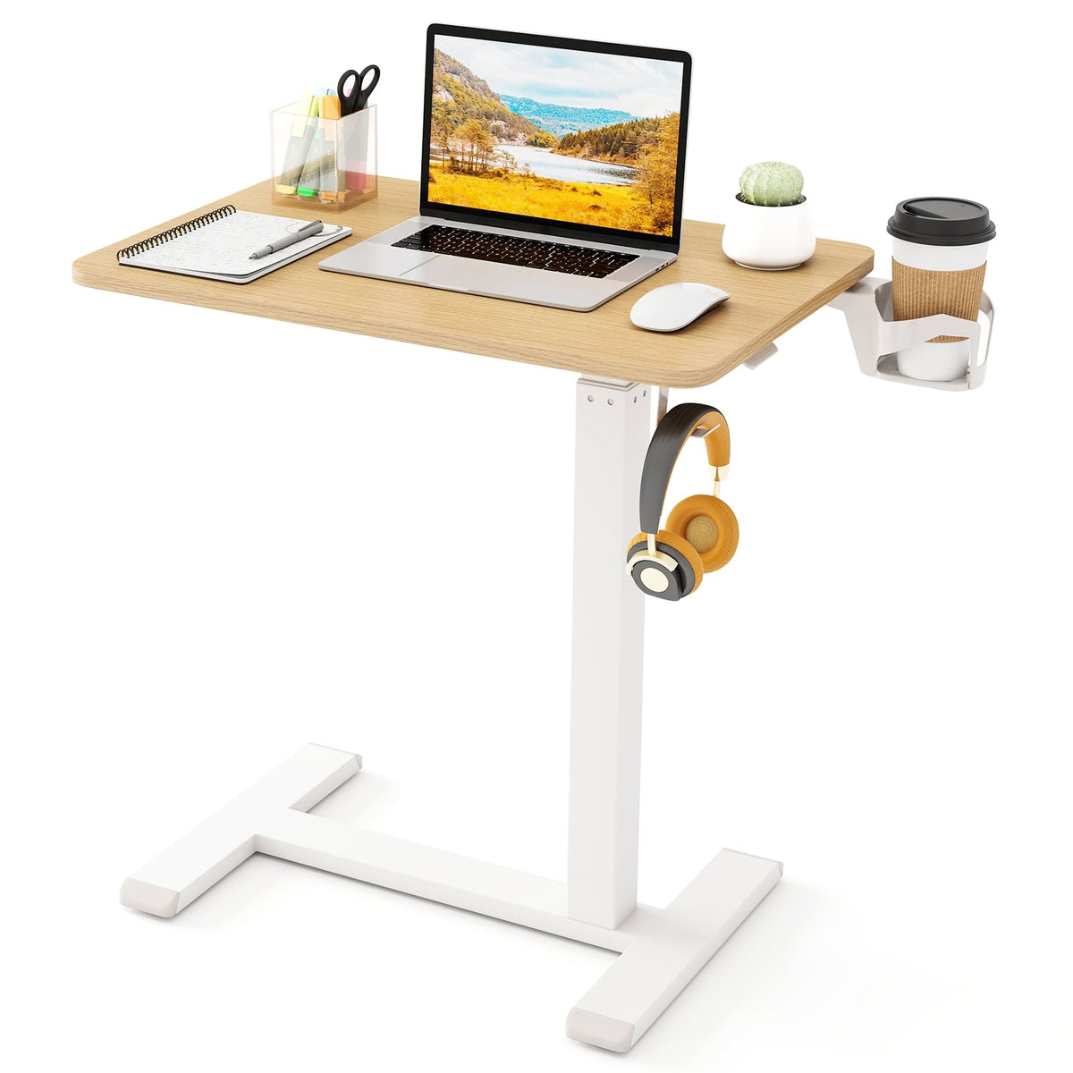 Mobile Standing Desk Height Adjustable Overbed Bedside Table with Cup Holder-Natural-End & Side Tables-DECOROLALA