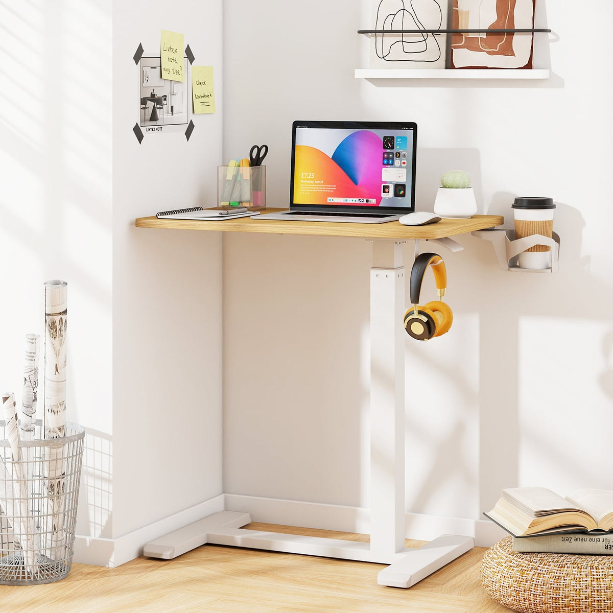 Mobile Standing Desk Height Adjustable Overbed Bedside Table with Cup Holder-Natural-End & Side Tables-DECOROLALA