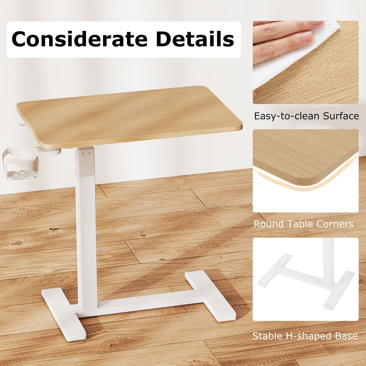 Mobile Standing Desk Height Adjustable Overbed Bedside Table with Cup Holder-Natural-End & Side Tables-DECOROLALA