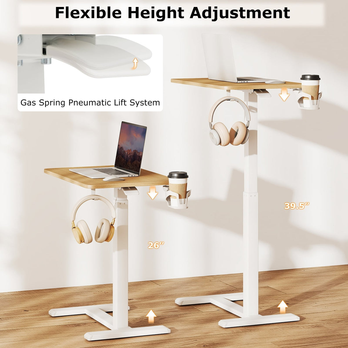 Mobile Standing Desk Height Adjustable Overbed Bedside Table with Cup Holder-Natural-End & Side Tables-DECOROLALA