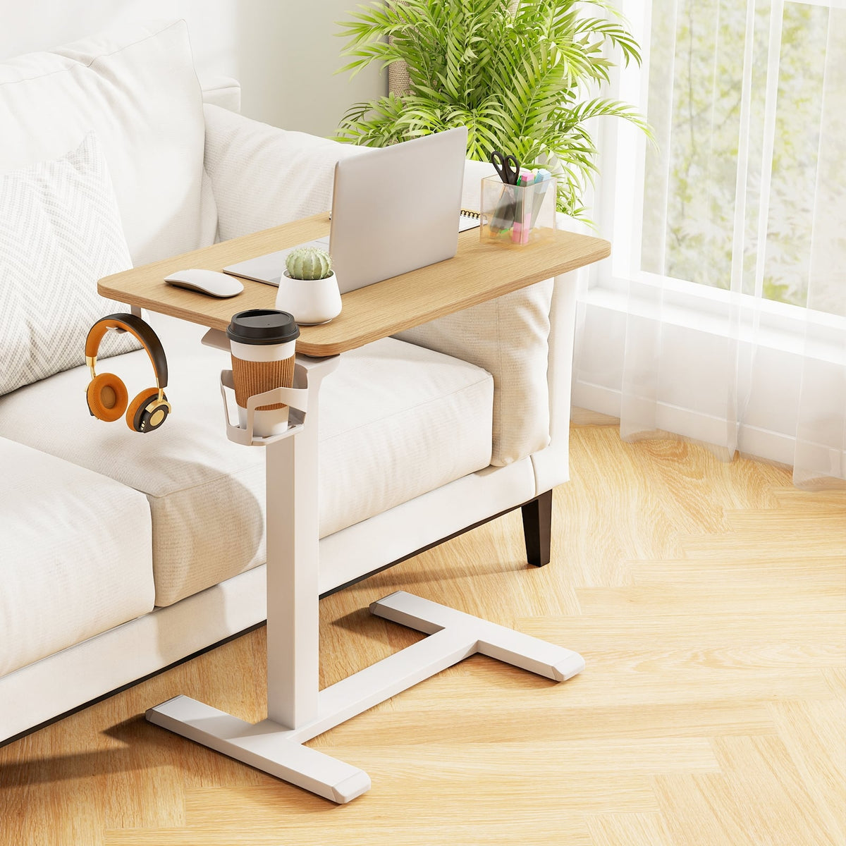 Mobile Standing Desk Height Adjustable Overbed Bedside Table with Cup Holder-Natural-End & Side Tables-DECOROLALA