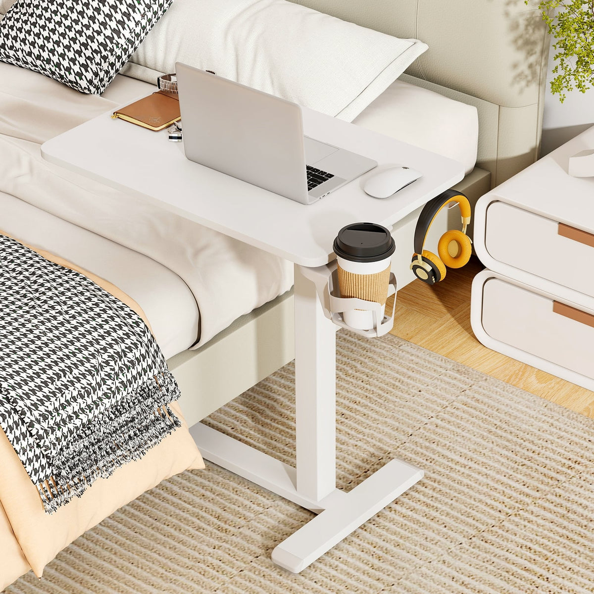 Mobile Standing Desk Height Adjustable Overbed Bedside Table with Cup Holder-White-End & Side Tables-DECOROLALA