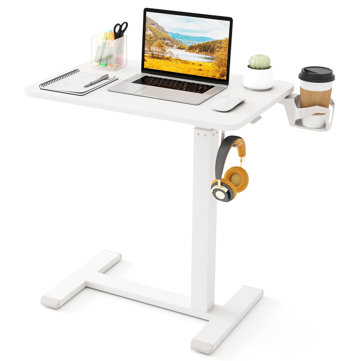 Mobile Standing Desk Height Adjustable Overbed Bedside Table with Cup Holder-White-End & Side Tables-DECOROLALA