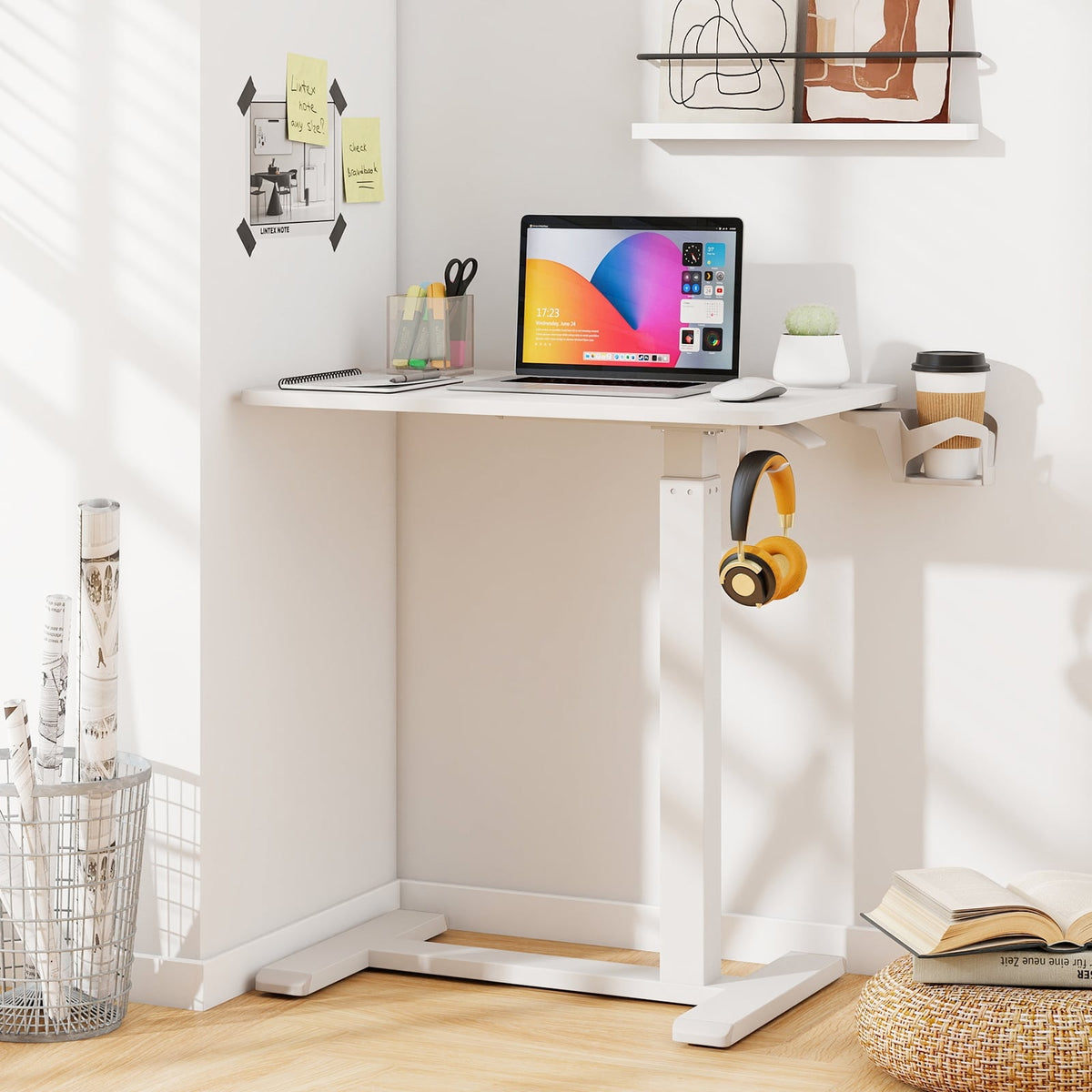 Mobile Standing Desk Height Adjustable Overbed Bedside Table with Cup Holder-White-End & Side Tables-DECOROLALA