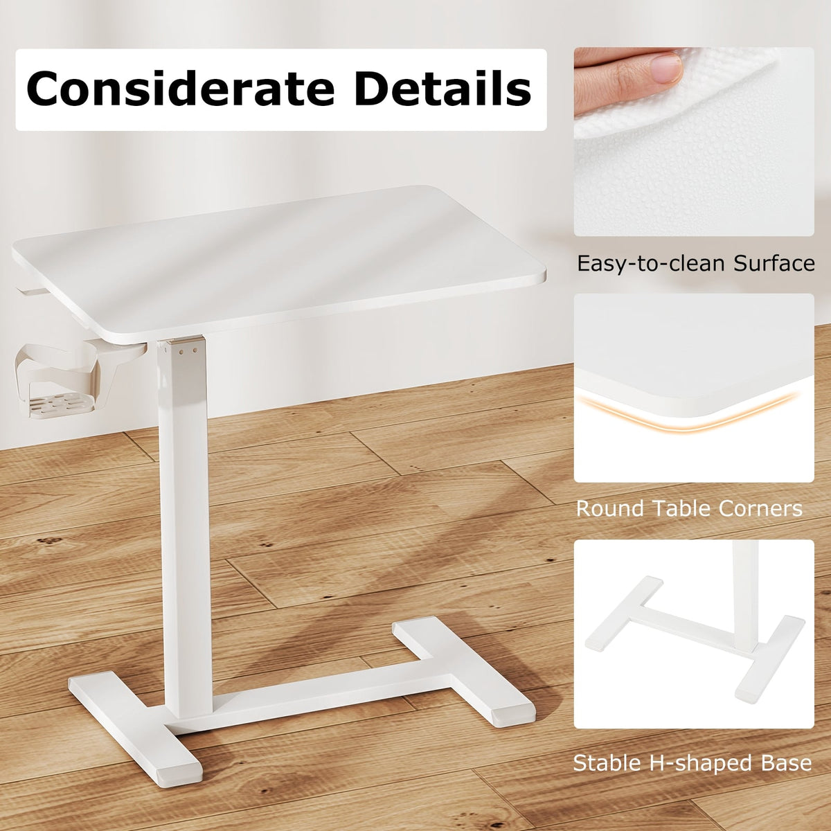 Mobile Standing Desk Height Adjustable Overbed Bedside Table with Cup Holder-White-End & Side Tables-DECOROLALA