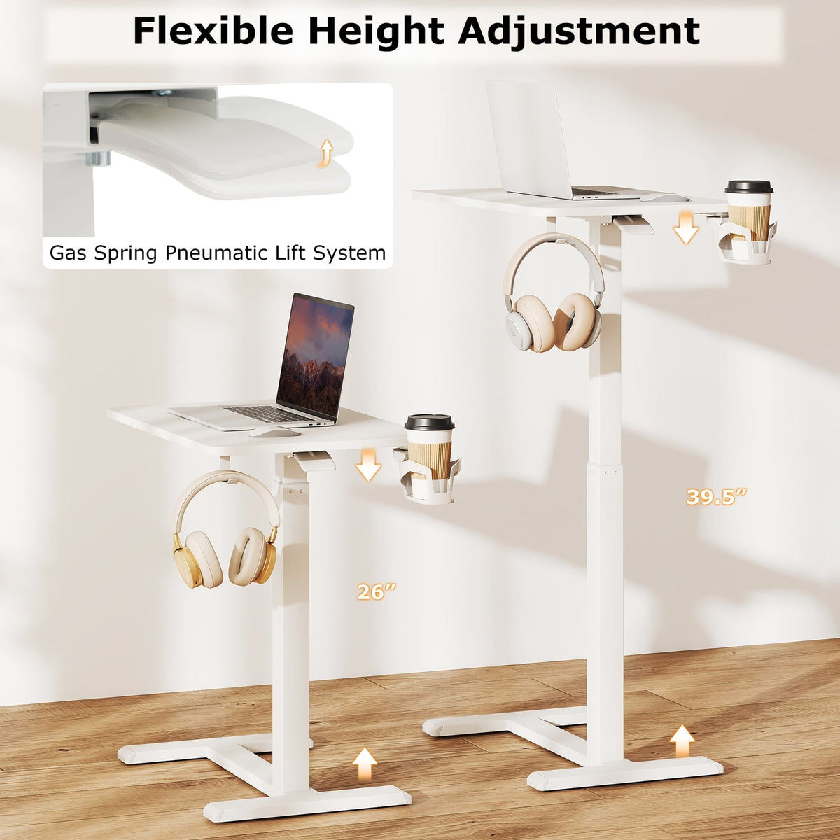 Mobile Standing Desk Height Adjustable Overbed Bedside Table with Cup Holder-White-End & Side Tables-DECOROLALA