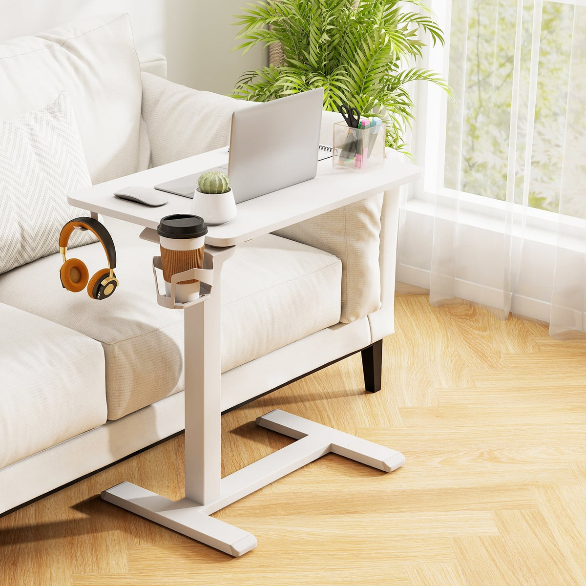 Mobile Standing Desk Height Adjustable Overbed Bedside Table with Cup Holder-White-End & Side Tables-DECOROLALA