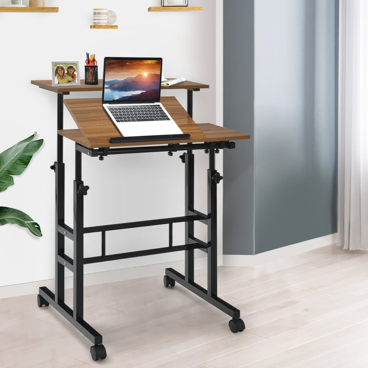 Mobile Standing up Desk Adjustable Computer Desk Tilting Workstation-Walnut-Laptop Tables & Printer Stands-DECOROLALA