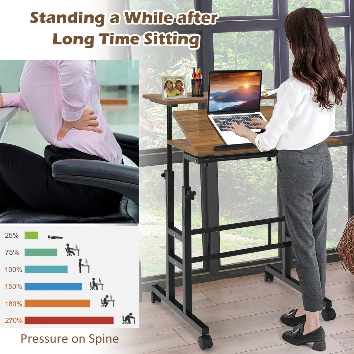 Mobile Standing up Desk Adjustable Computer Desk Tilting Workstation-Walnut-Laptop Tables & Printer Stands-DECOROLALA