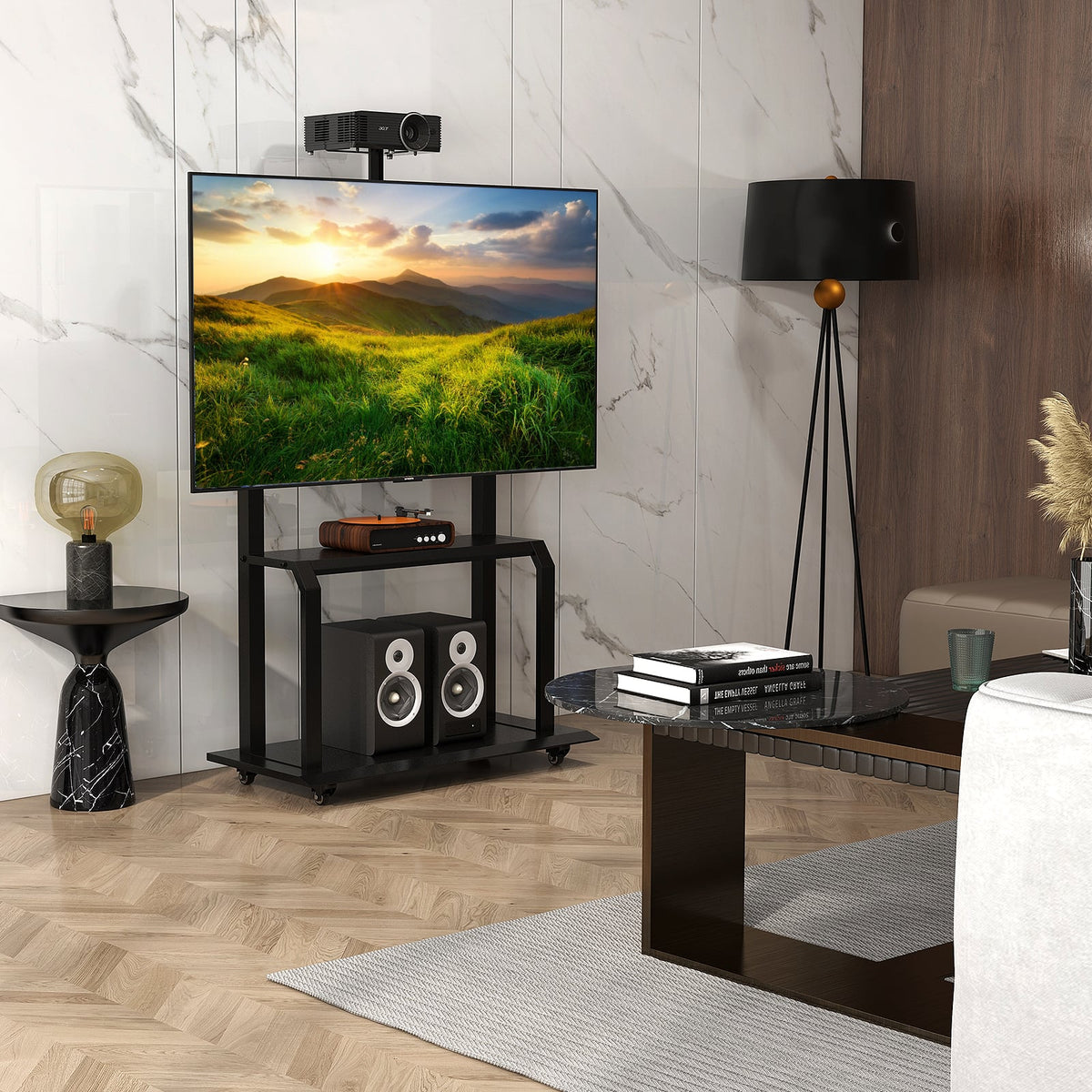 Mobile TV Stand with Camera Shelf and AV Shelves for 32-80 Inch Flat/Curved TVs-Entertainment Centers & TV Stands-DECOROLALA
