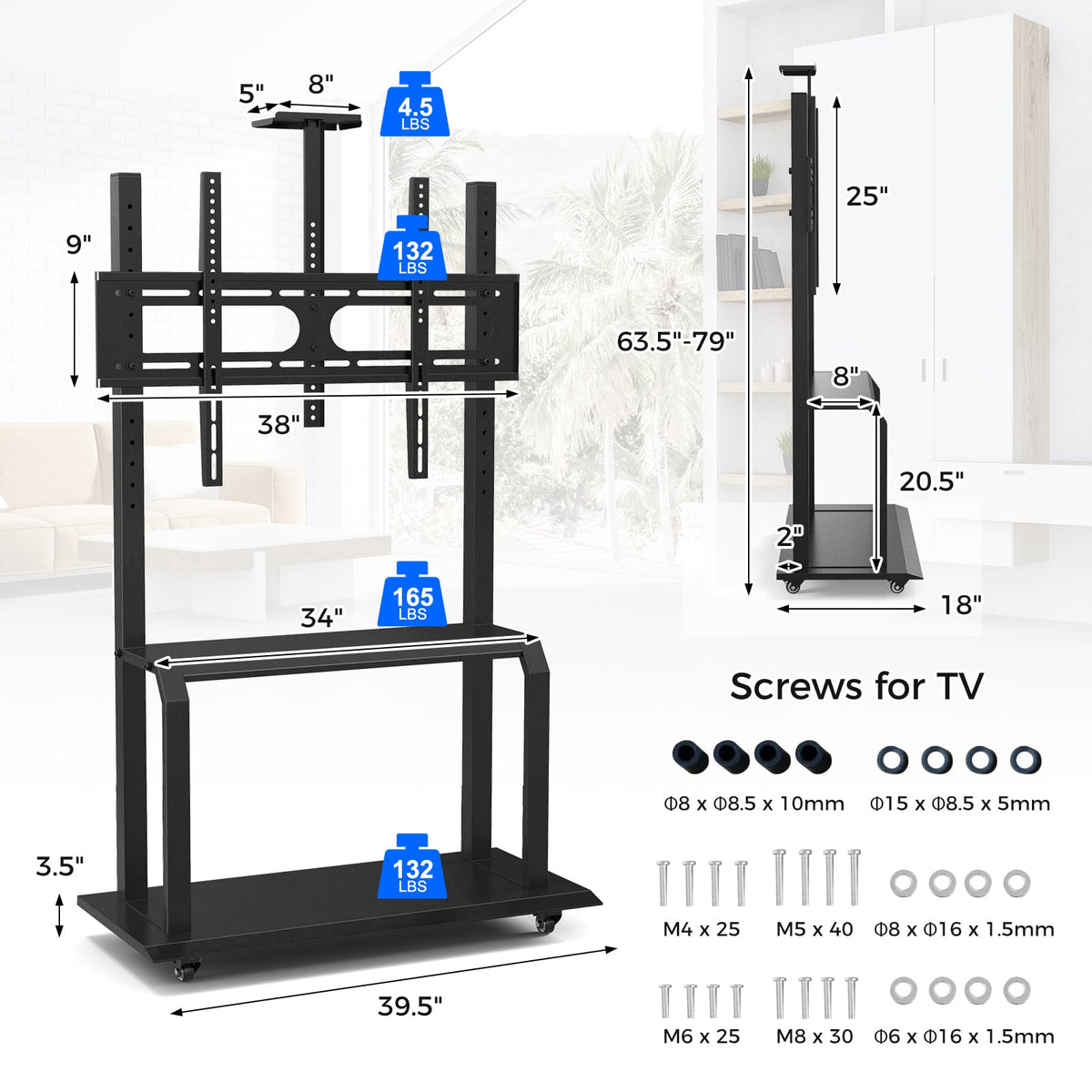 Mobile TV Stand with Camera Shelf and AV Shelves for 32-80 Inch Flat/Curved TVs-Entertainment Centers & TV Stands-DECOROLALA