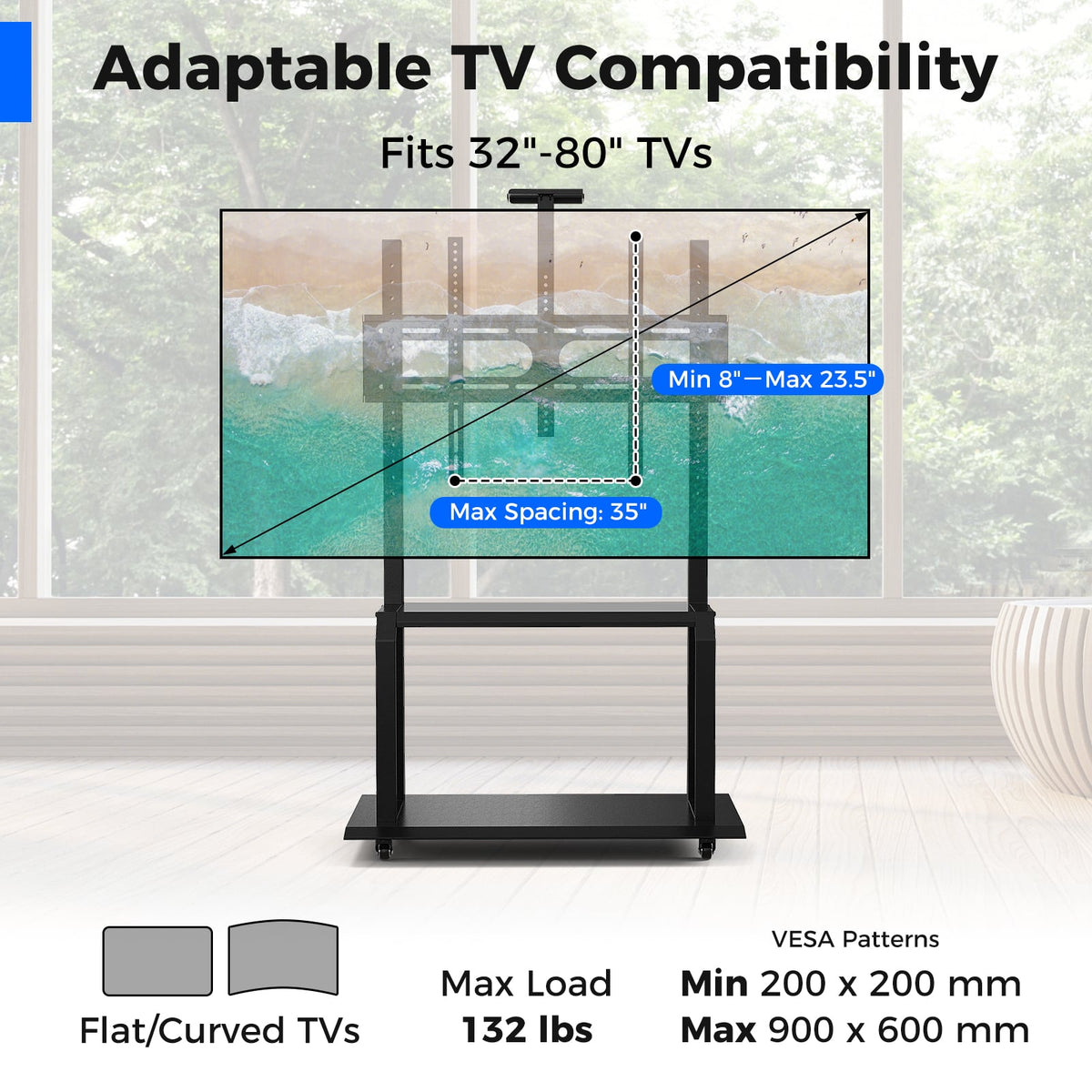 Mobile TV Stand with Camera Shelf and AV Shelves for 32-80 Inch Flat/Curved TVs-Entertainment Centers & TV Stands-DECOROLALA