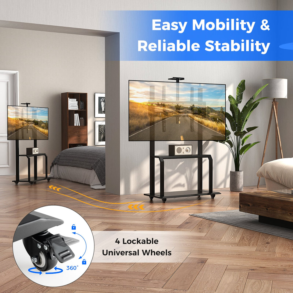 Mobile TV Stand with Camera Shelf and AV Shelves for 32-80 Inch Flat/Curved TVs-Entertainment Centers & TV Stands-DECOROLALA