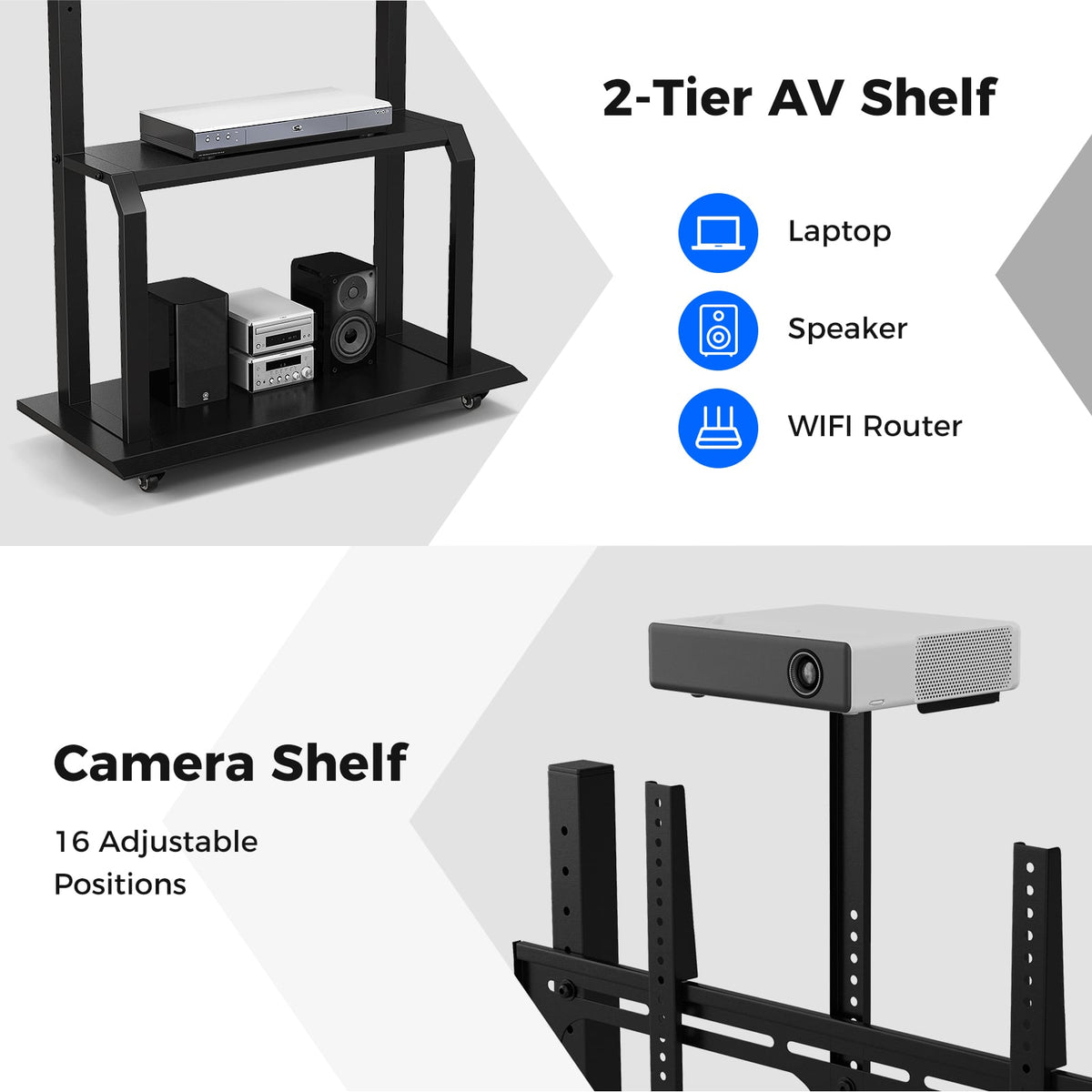 Mobile TV Stand with Camera Shelf and AV Shelves for 32-80 Inch Flat/Curved TVs-Entertainment Centers & TV Stands-DECOROLALA