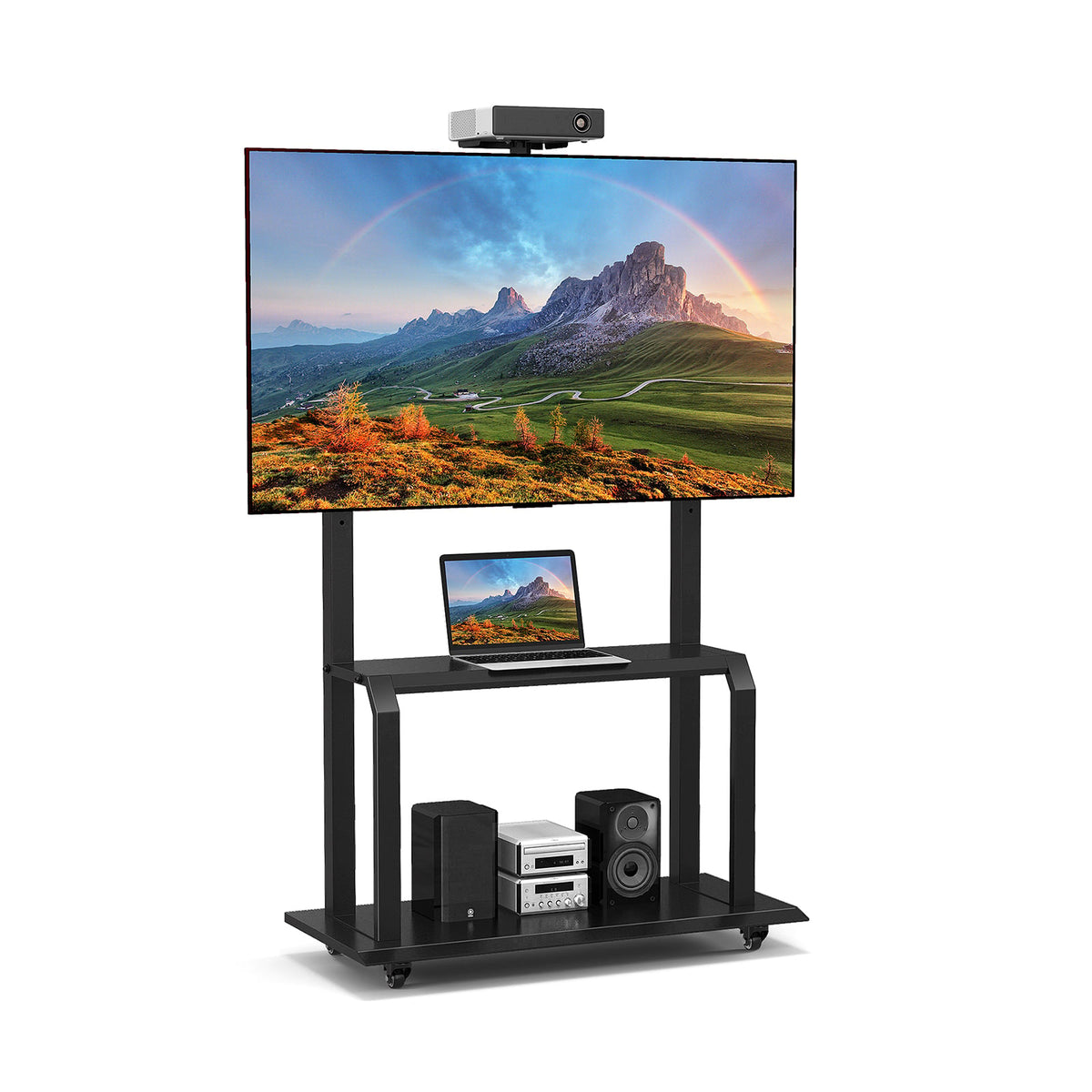 Mobile TV Stand with Camera Shelf and AV Shelves for 32-80 Inch Flat/Curved TVs-Entertainment Centers & TV Stands-DECOROLALA