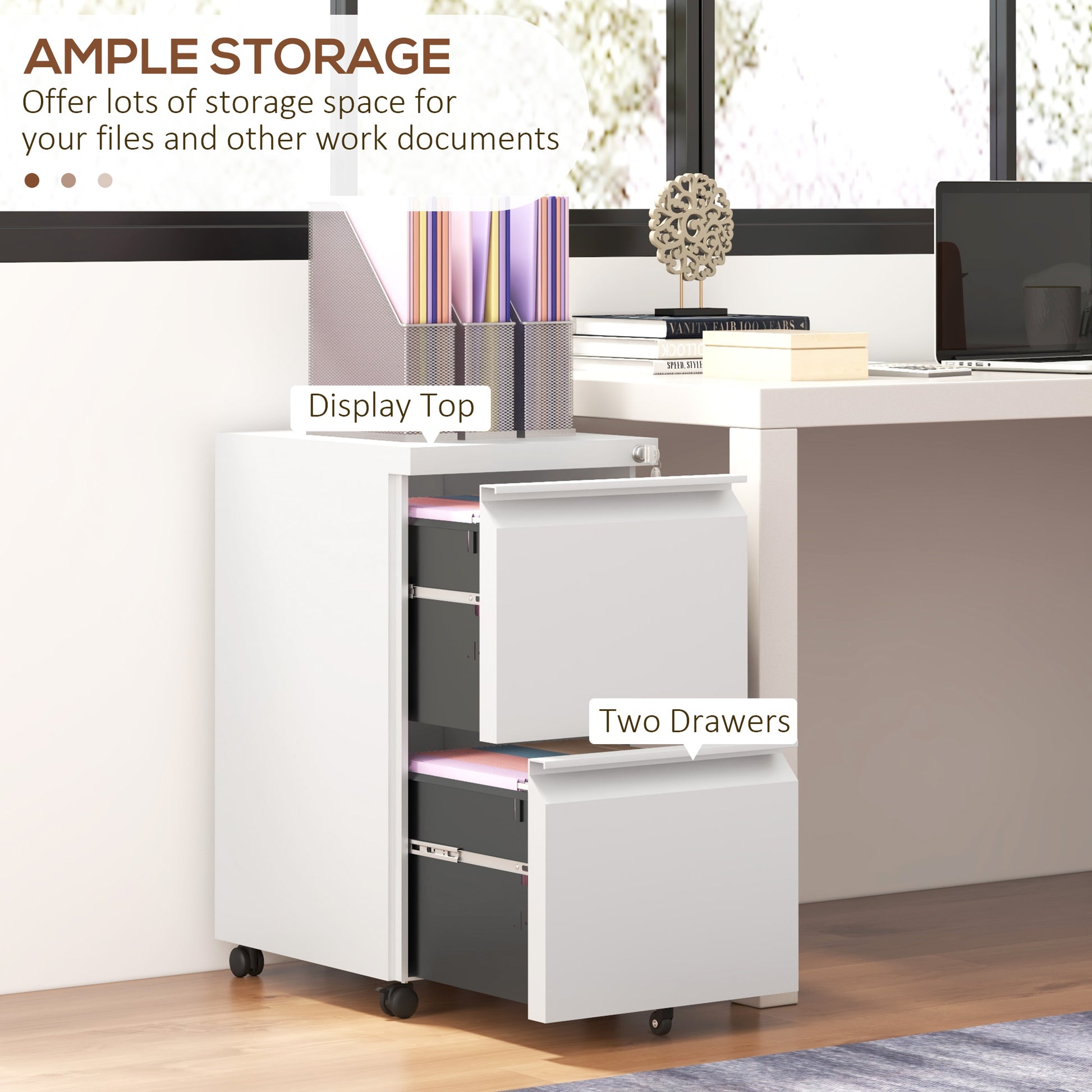 Mobile Vertical Filing Cabinet with Lock, 2-Drawer Steel File Cabinet with Adjustable Hanging Bar for Letter, A4 and Legal Size, White-Office Products > Office Furniture > Office Cabinets & Cupboards-DECOROLALA