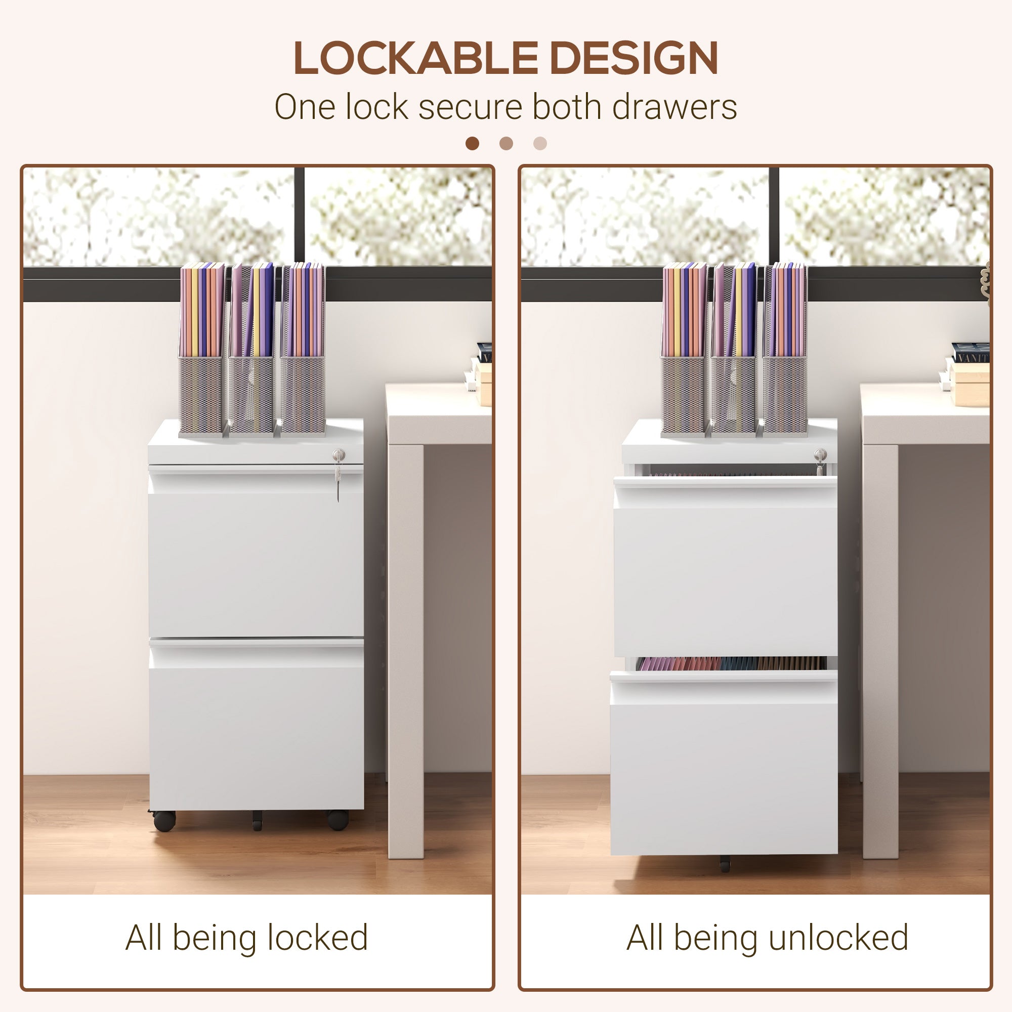 Mobile Vertical Filing Cabinet with Lock, 2-Drawer Steel File Cabinet with Adjustable Hanging Bar for Letter, A4 and Legal Size, White-Office Products > Office Furniture > Office Cabinets & Cupboards-DECOROLALA