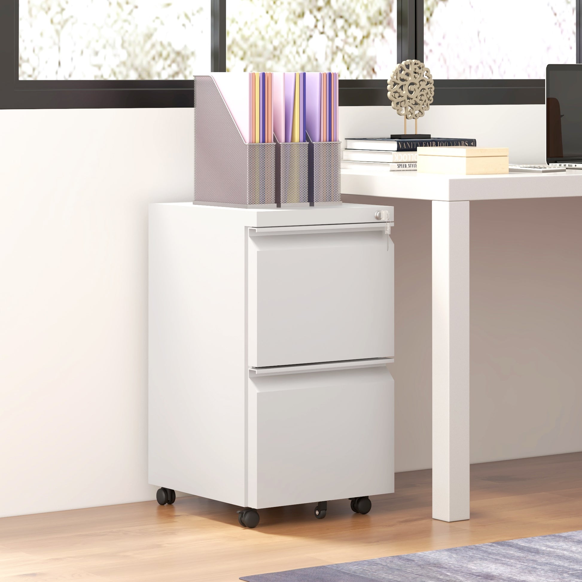 Mobile Vertical Filing Cabinet with Lock, 2-Drawer Steel File Cabinet with Adjustable Hanging Bar for Letter, A4 and Legal Size, White-Office Products > Office Furniture > Office Cabinets & Cupboards-DECOROLALA