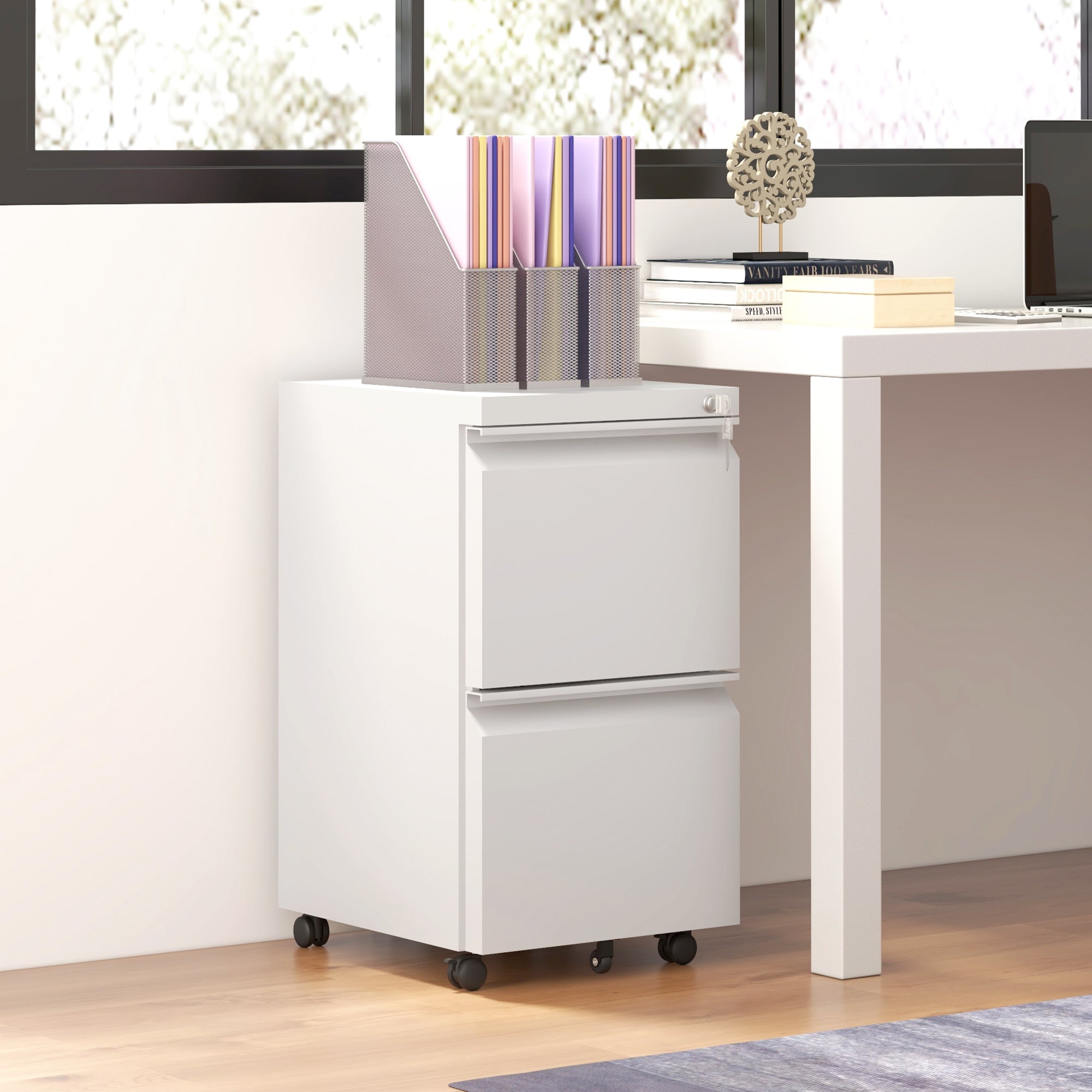 Mobile Vertical Filing Cabinet with Lock, 2-Drawer Steel File Cabinet with Adjustable Hanging Bar for Letter, A4 and Legal Size, White-Office Products > Office Furniture > Office Cabinets & Cupboards-DECOROLALA