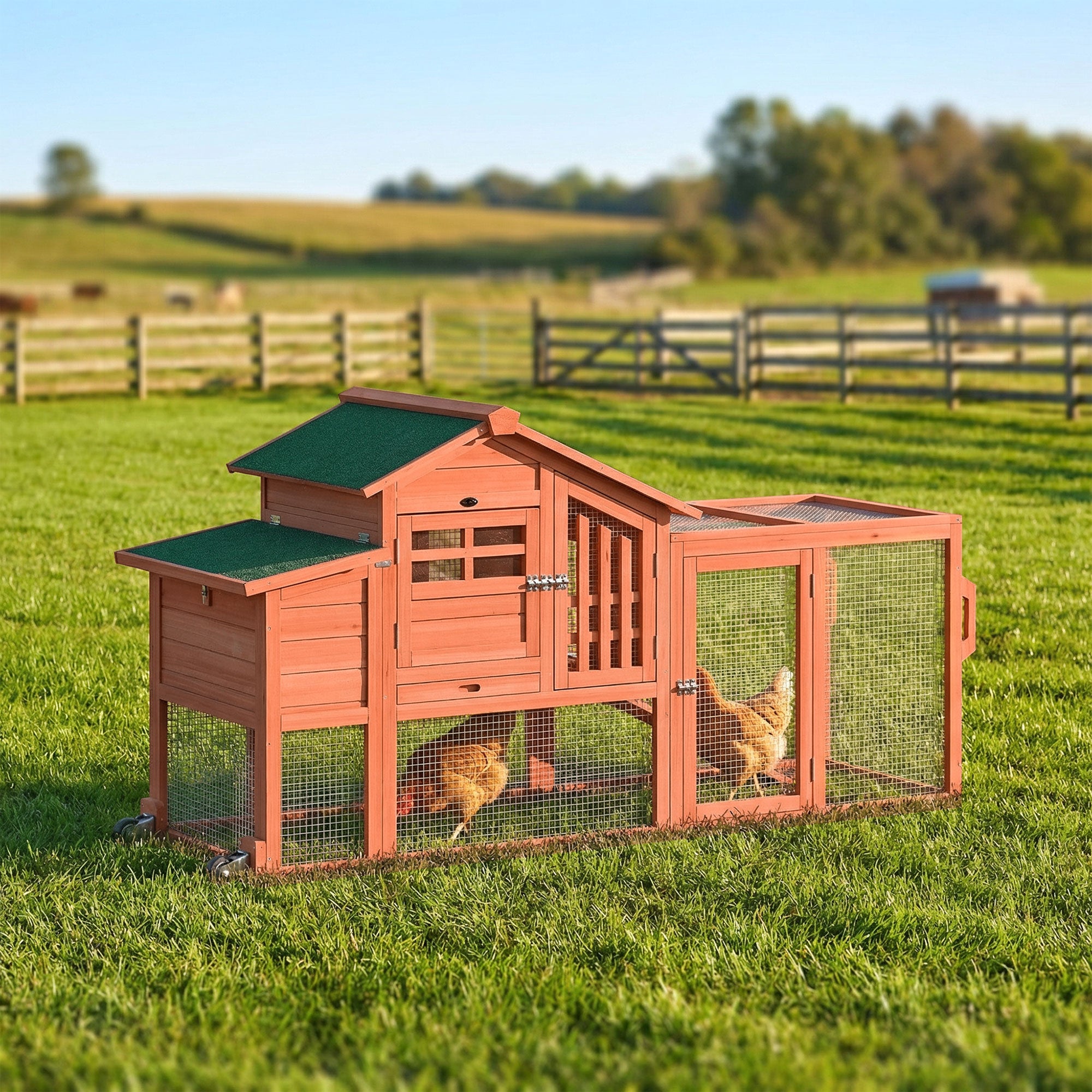 Mobile Wooden Chicken Coop with Run and Nesting Box - Orange-Small Animals-DECOROLALA