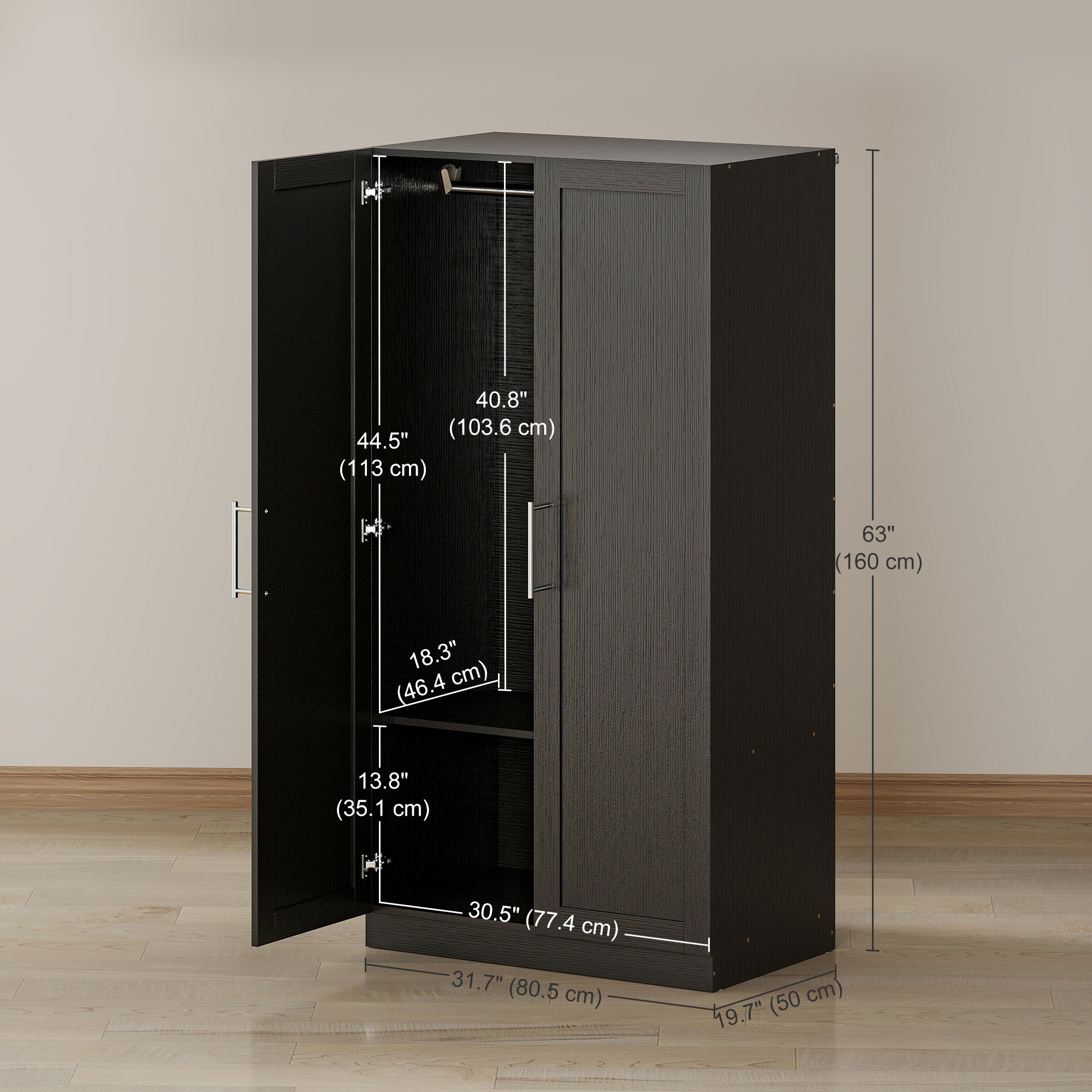 Modern 2-Door Wardrobe Armoire - Black Wood Effect-DECOROLALA
