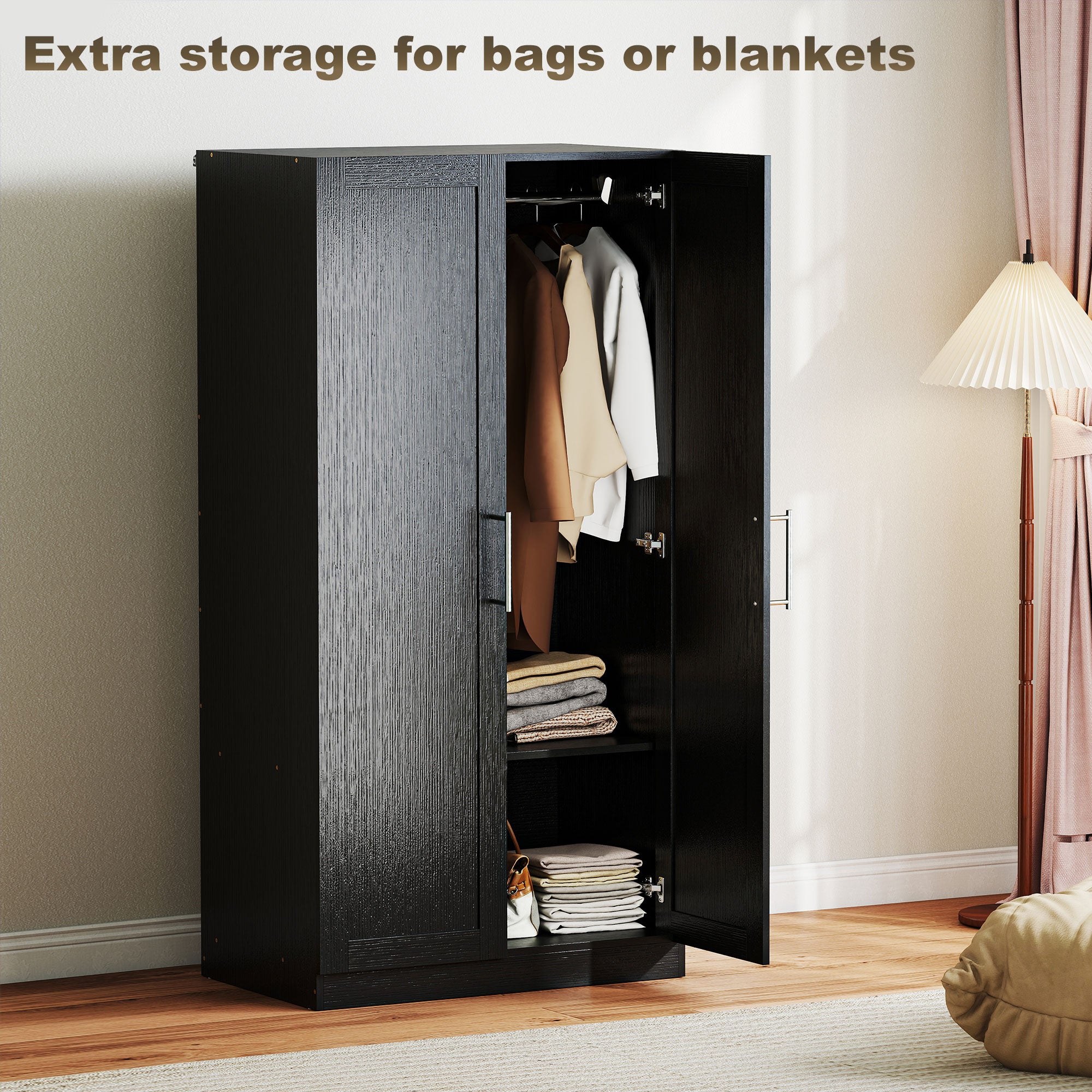 Modern 2-Door Wardrobe Armoire - Black Wood Effect-DECOROLALA