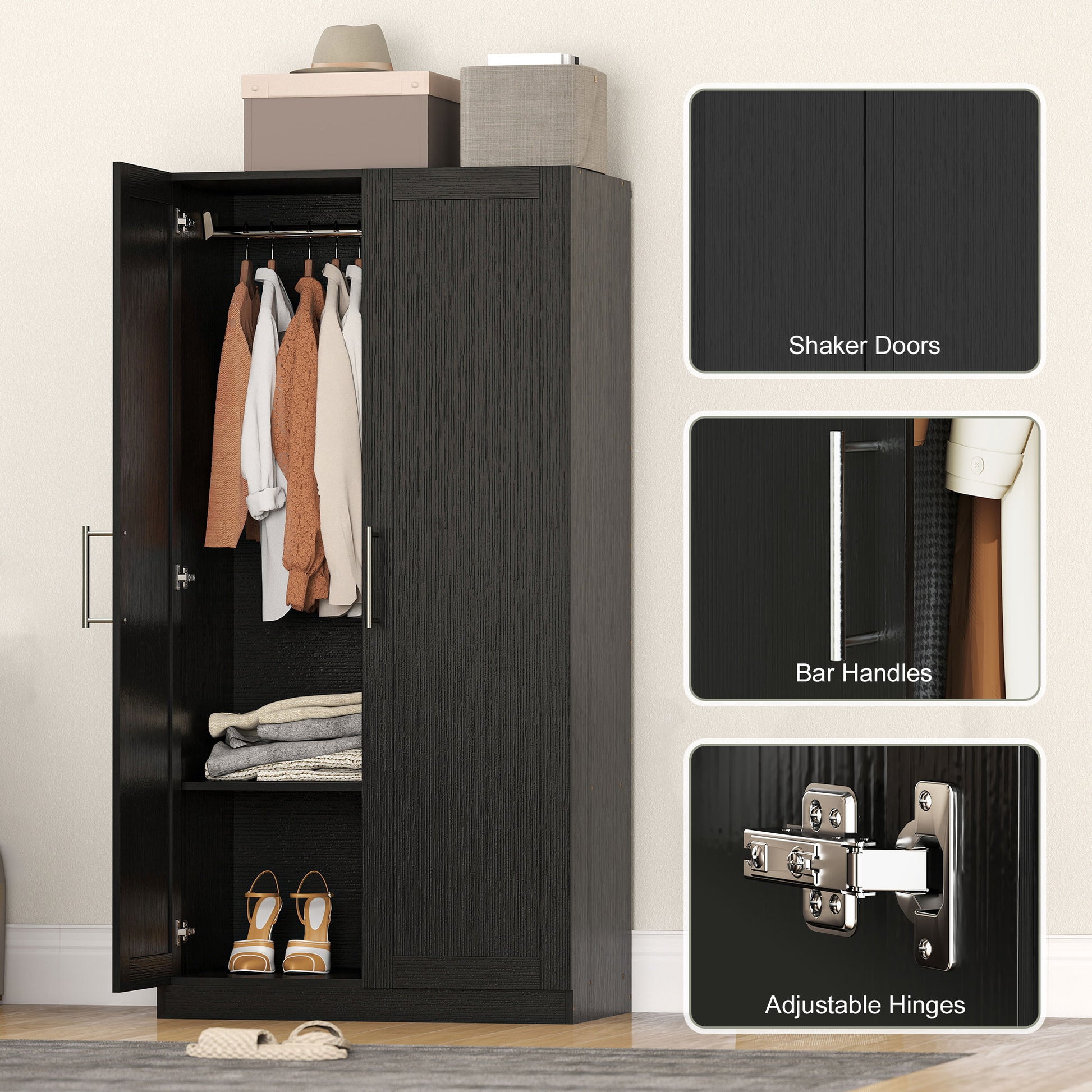Modern 2-Door Wardrobe Armoire - Black Wood Effect-DECOROLALA