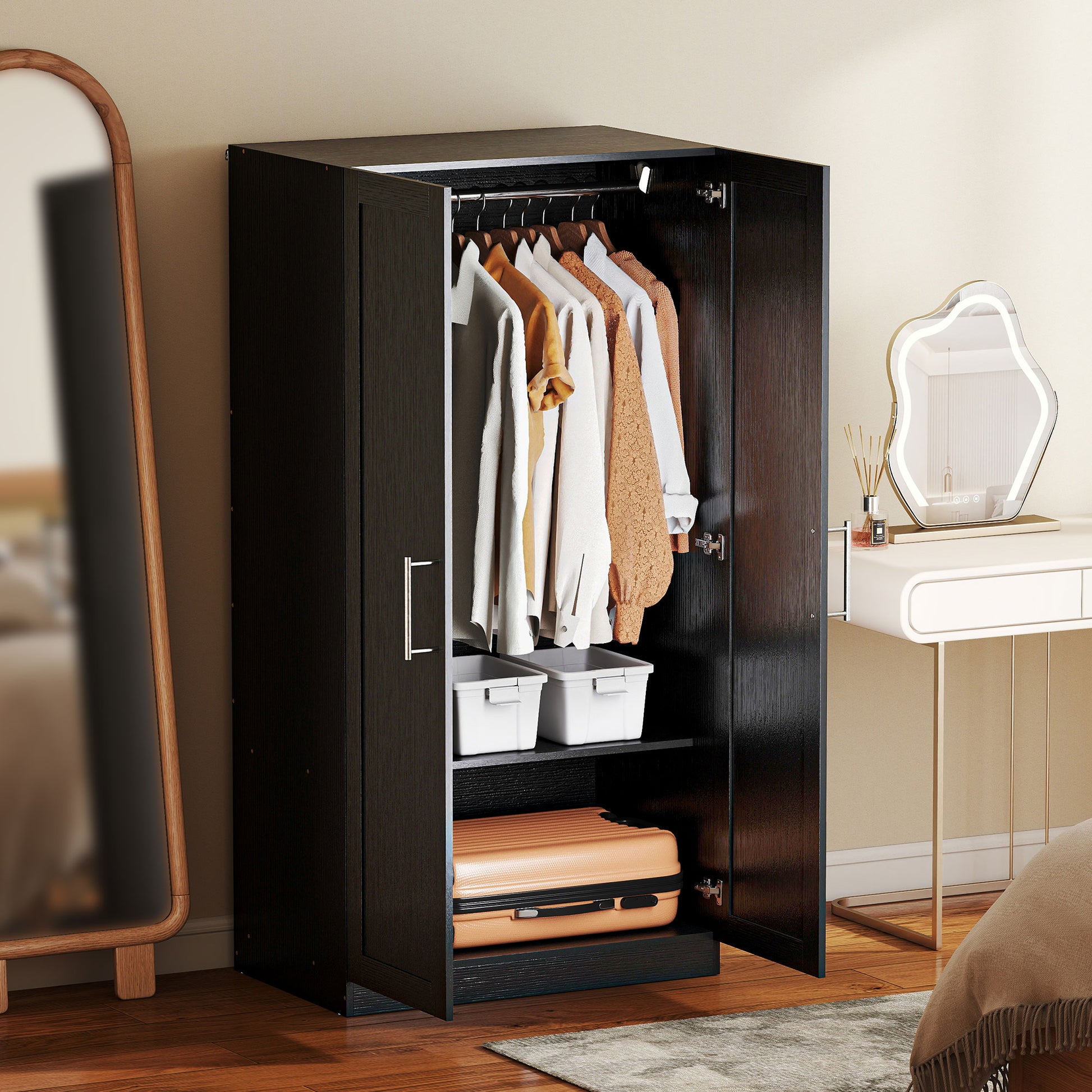 Modern 2-Door Wardrobe Armoire - Black Wood Effect-DECOROLALA