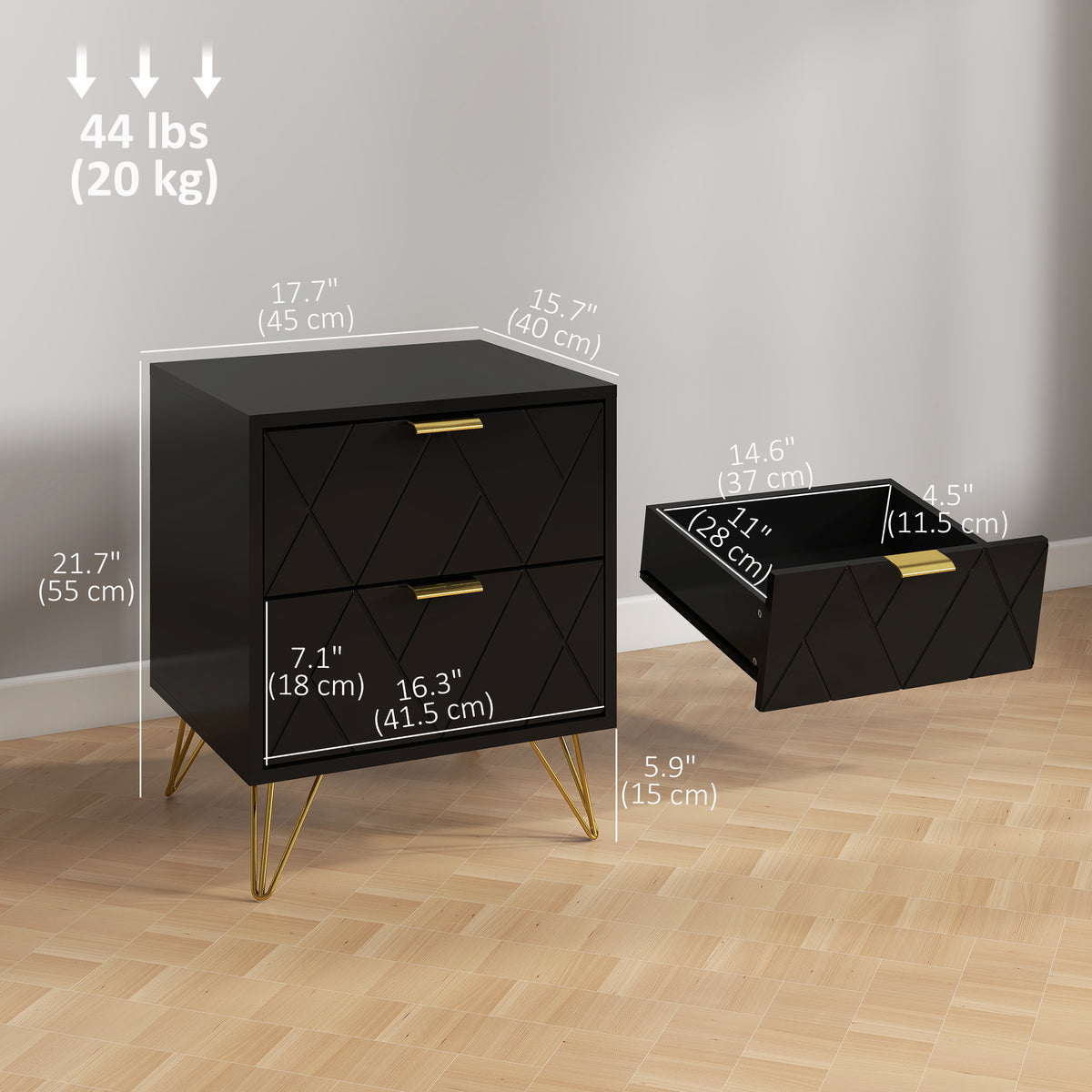 Modern 2-Drawer Nightstand - Black/Gold Hairpin Legs-Home Furnishings > Bedroom Furniture > Bedside Tables-DECOROLALA