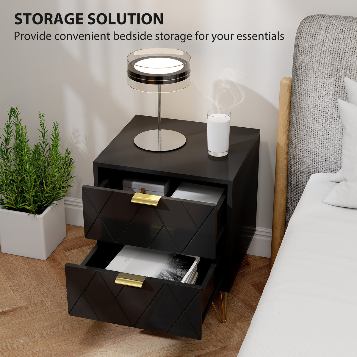 Modern 2-Drawer Nightstand - Black/Gold Hairpin Legs-Home Furnishings > Bedroom Furniture > Bedside Tables-DECOROLALA