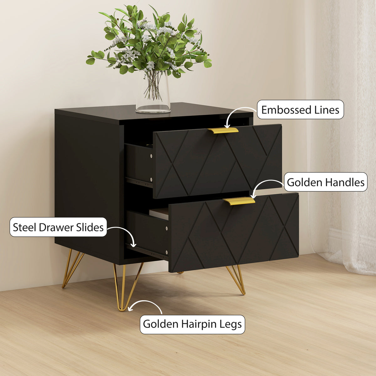 Modern 2-Drawer Nightstand - Black/Gold Hairpin Legs-Home Furnishings > Bedroom Furniture > Bedside Tables-DECOROLALA