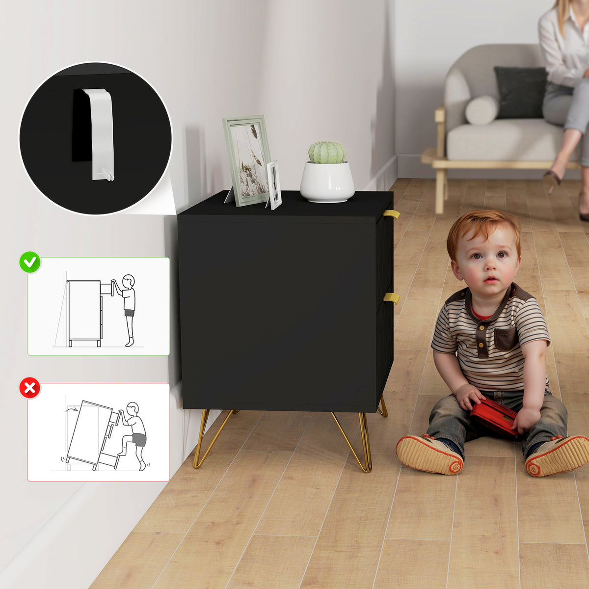 Modern 2-Drawer Nightstand - Black/Gold Hairpin Legs-Home Furnishings > Bedroom Furniture > Bedside Tables-DECOROLALA