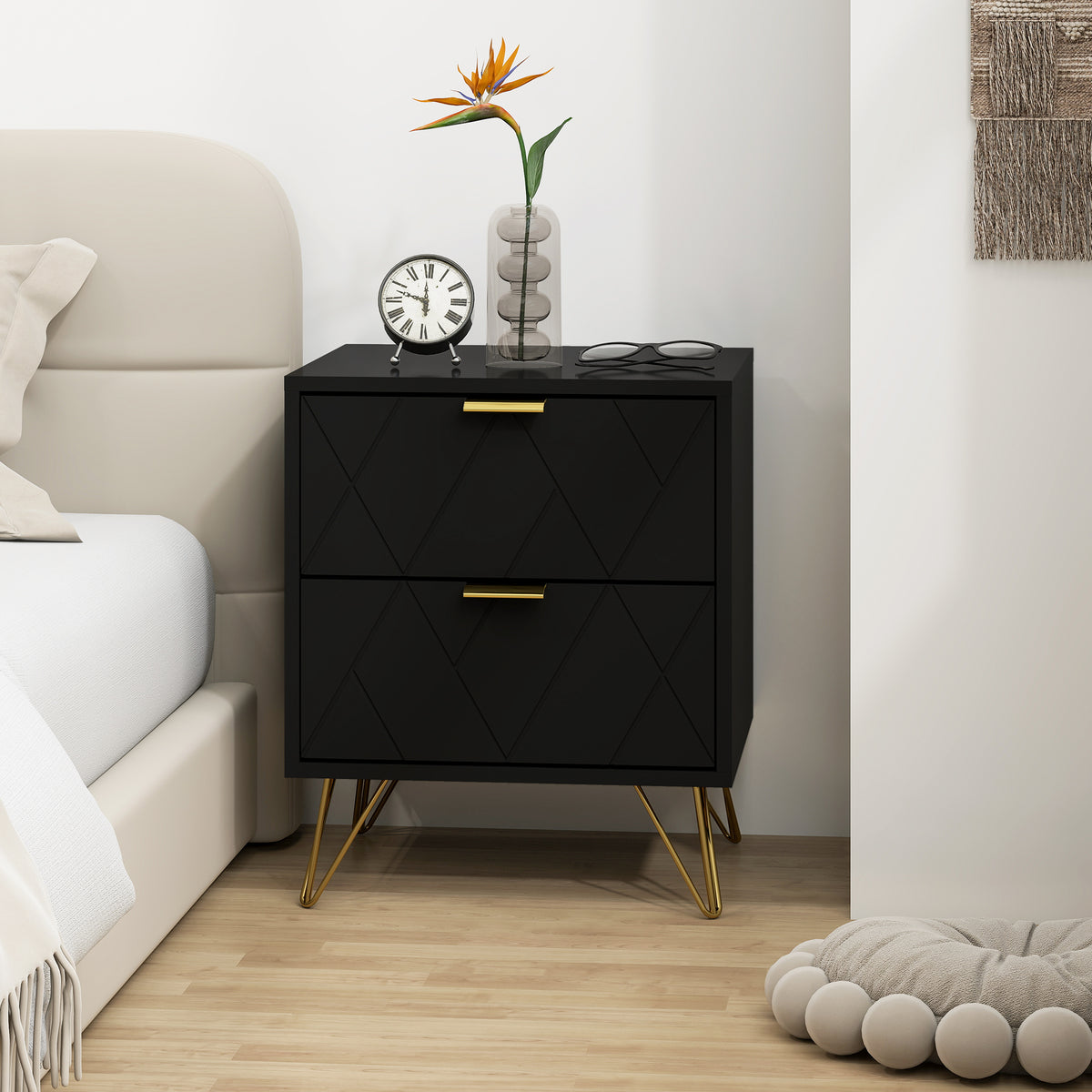 Modern 2-Drawer Nightstand - Black/Gold Hairpin Legs-Home Furnishings > Bedroom Furniture > Bedside Tables-DECOROLALA