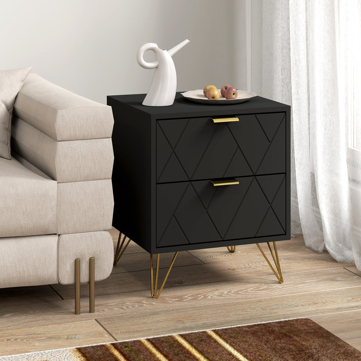 Modern 2-Drawer Nightstand - Black/Gold Hairpin Legs-Home Furnishings > Bedroom Furniture > Bedside Tables-DECOROLALA