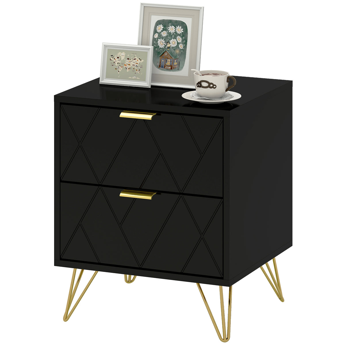 Modern 2-Drawer Nightstand - Black/Gold Hairpin Legs-Home Furnishings > Bedroom Furniture > Bedside Tables-DECOROLALA