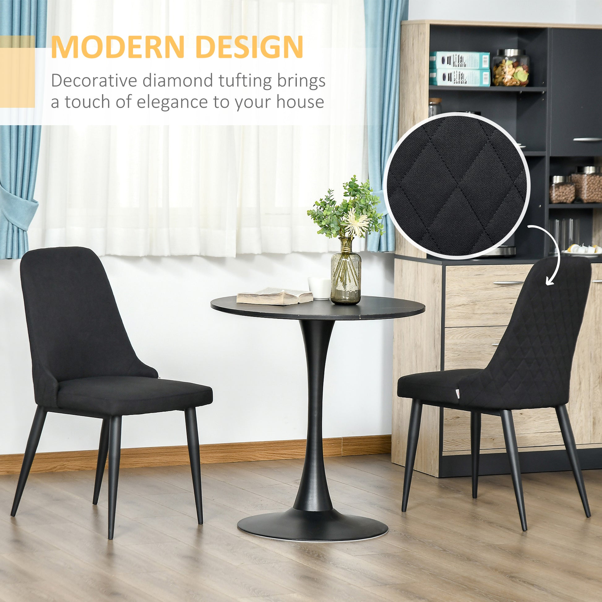 Modern 2-Piece Dining Chairs, Black Fabric Upholstered Metal Legs Set-DECOROLALA