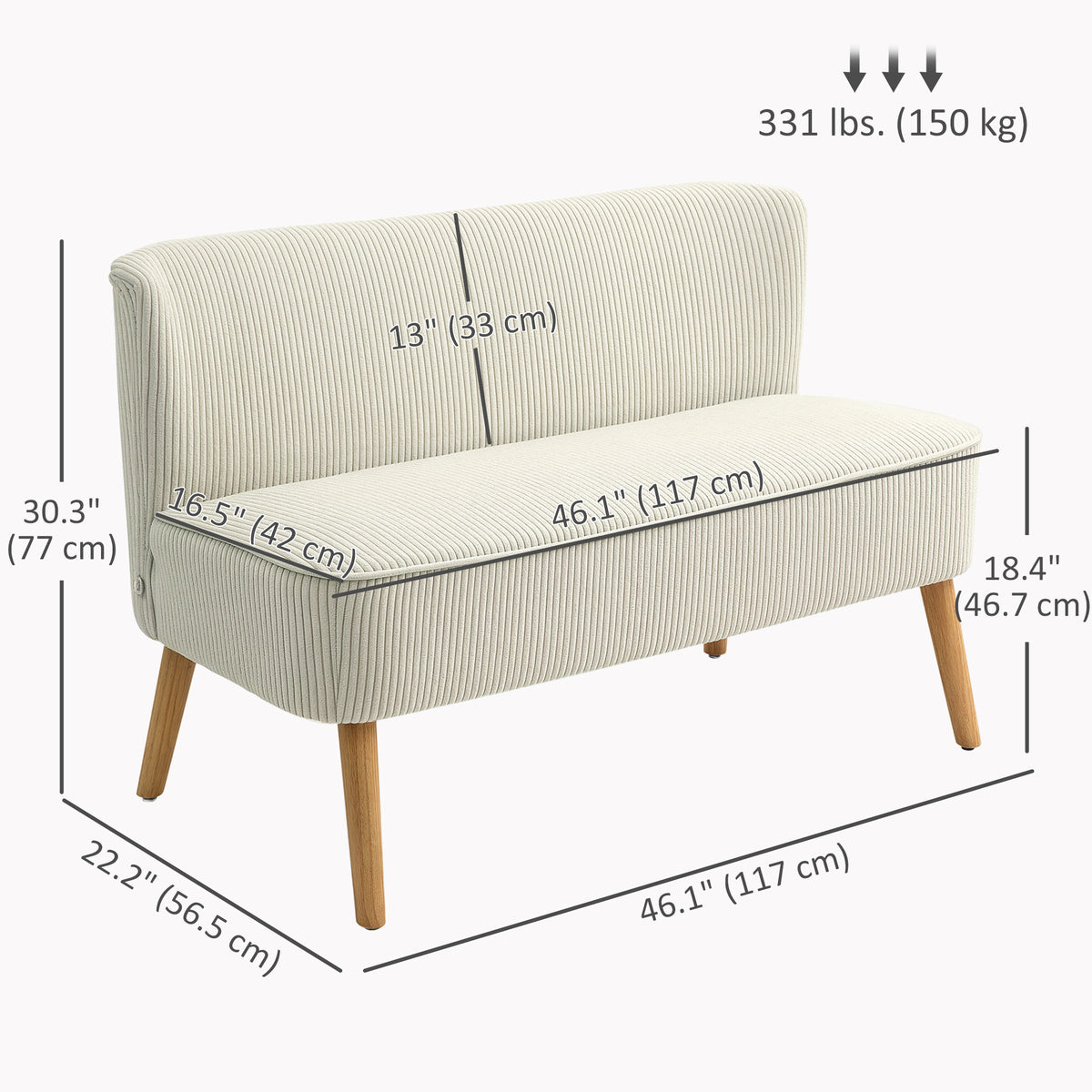 Modern 2 Seater Sofa Corduroy - Cream White 46"W-DECOROLALA